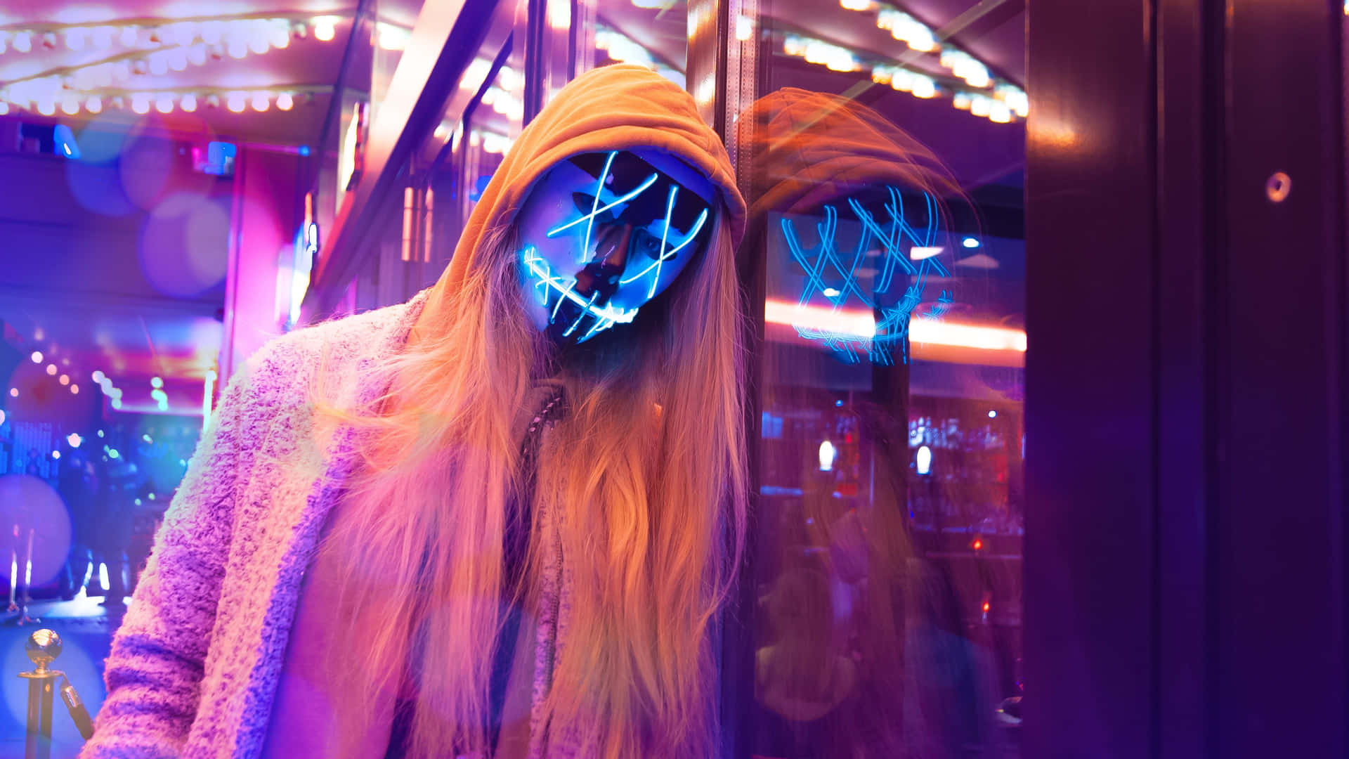 4k Mask Teenage Girl Neon Aesthetic Background