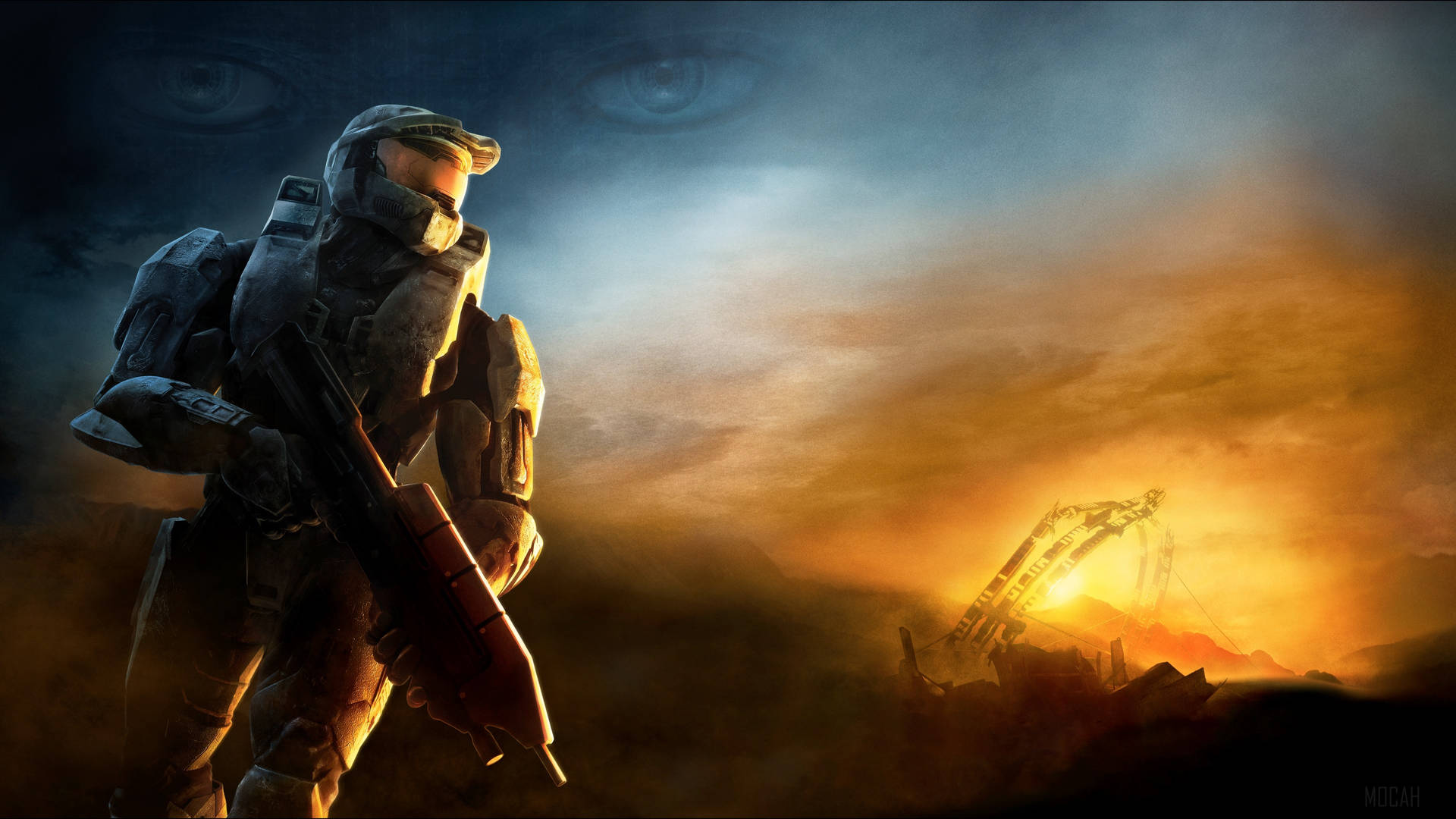 4k Master Chief At Sunset Background