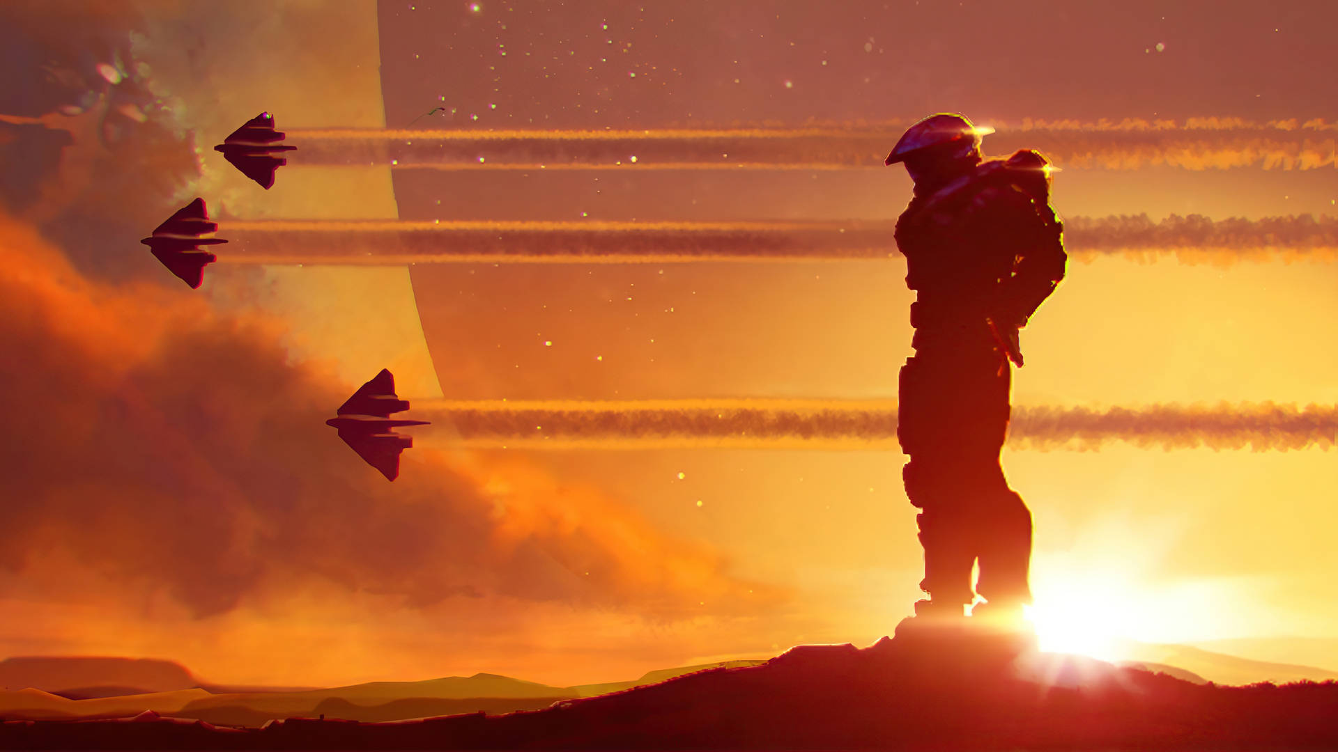 4k Master Chief Silhouette Against Sunlight Background