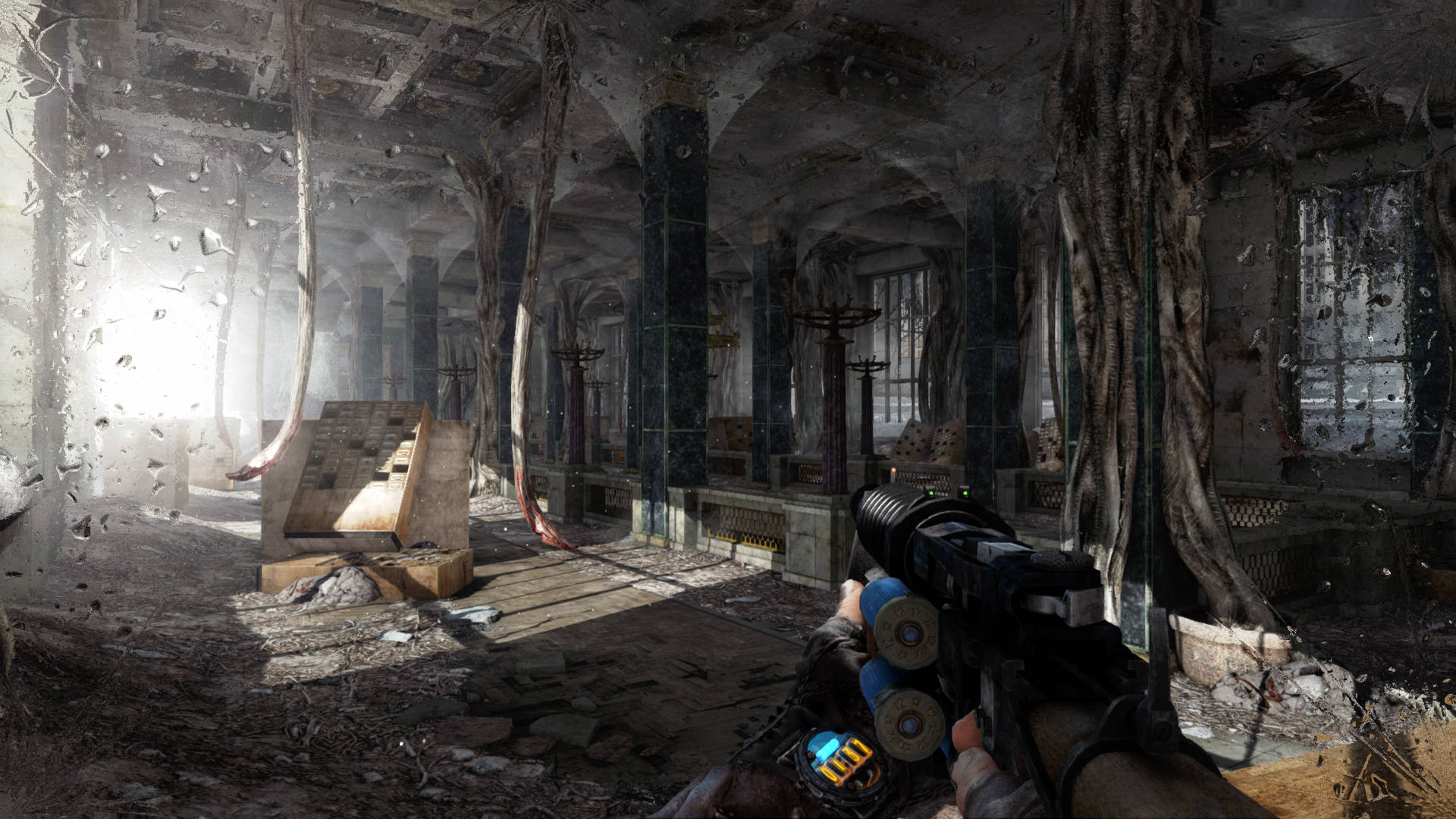 4k Metro 2033 Gun Pointed At Abandoned Lobby