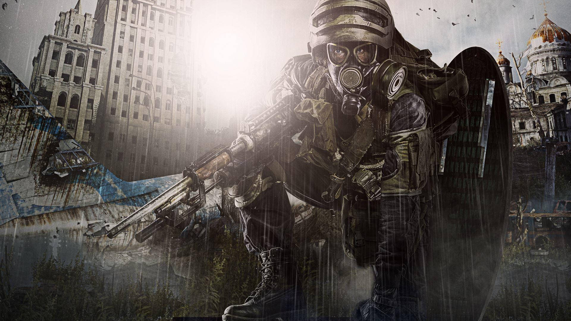 4k Metro 2033 Soldier Crouching In City Background