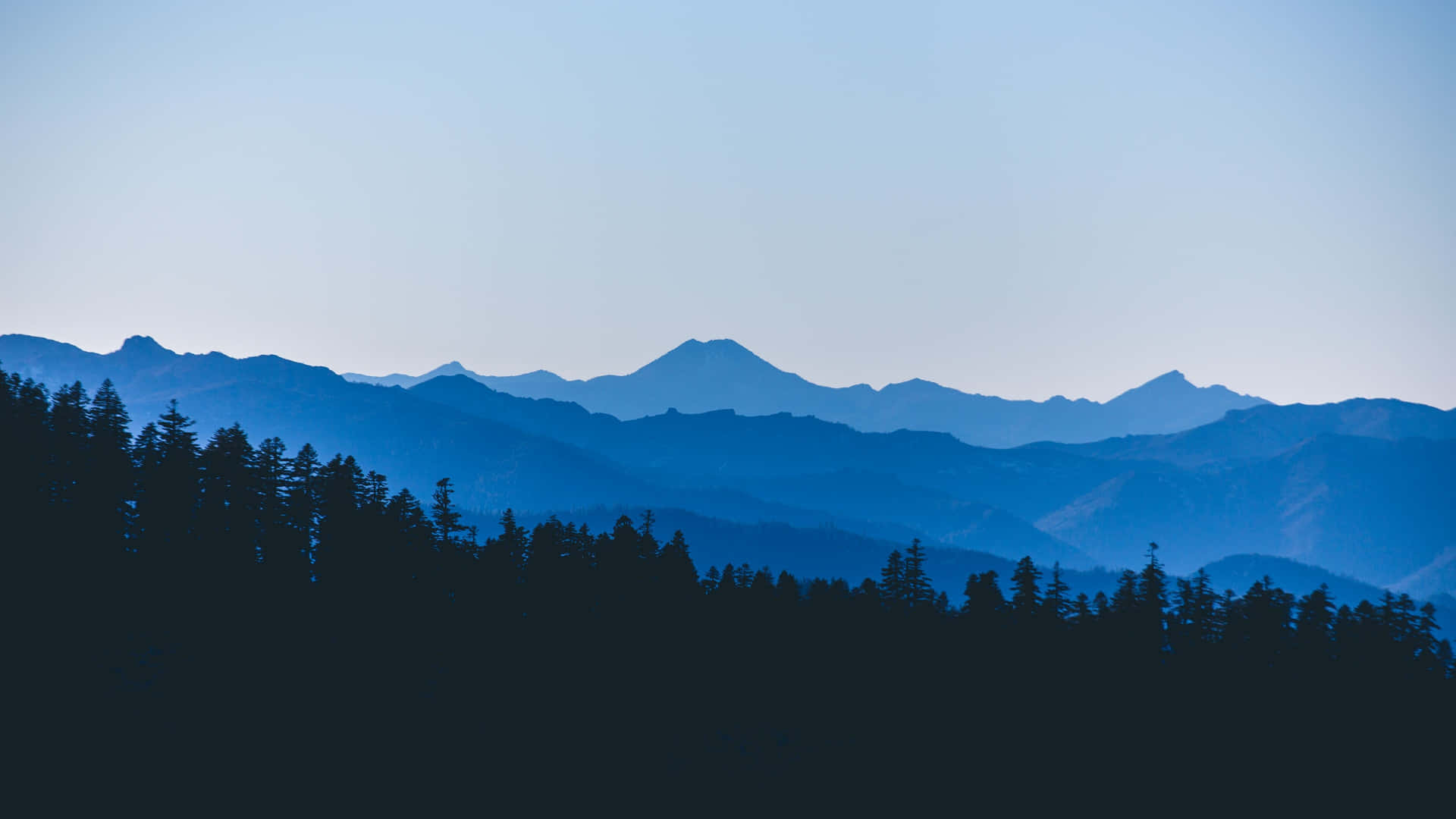 4k Minimal Blue Mountain Ranges Trees Silhoutte Background
