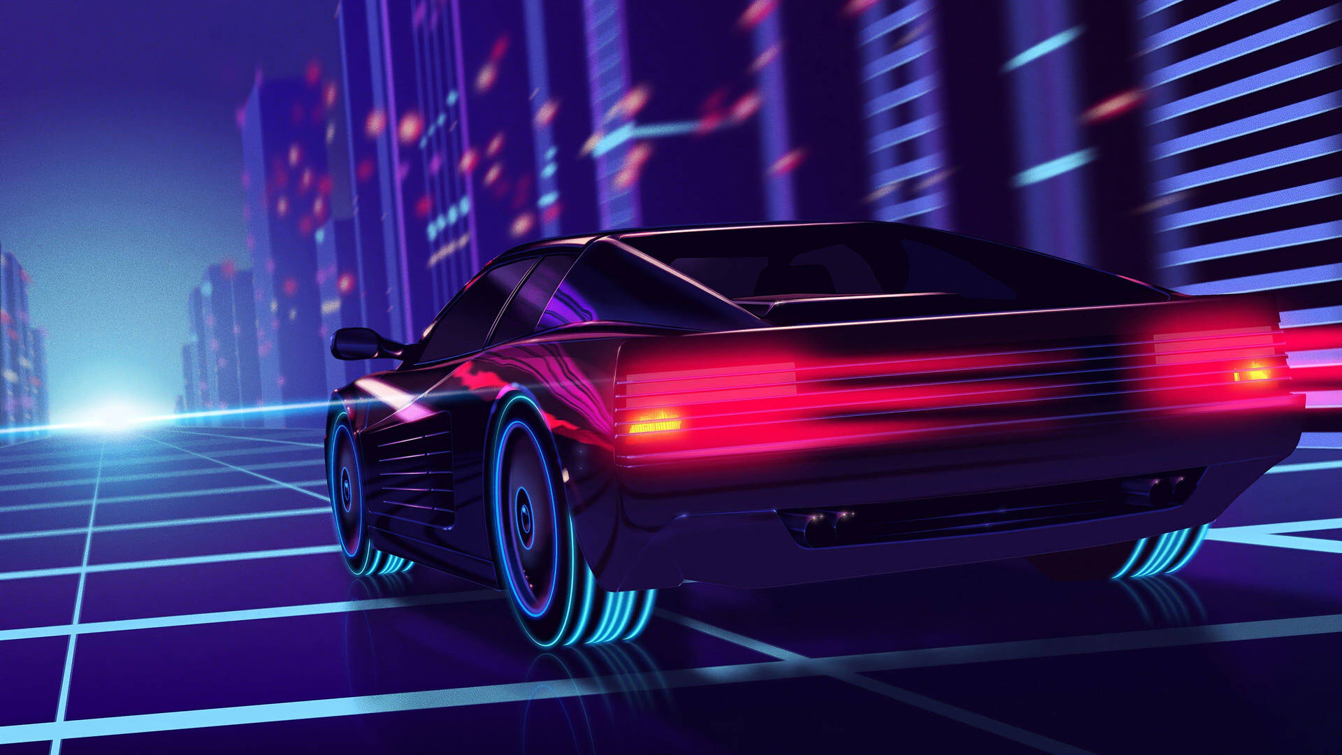 4k Neon Car At Neon City Background