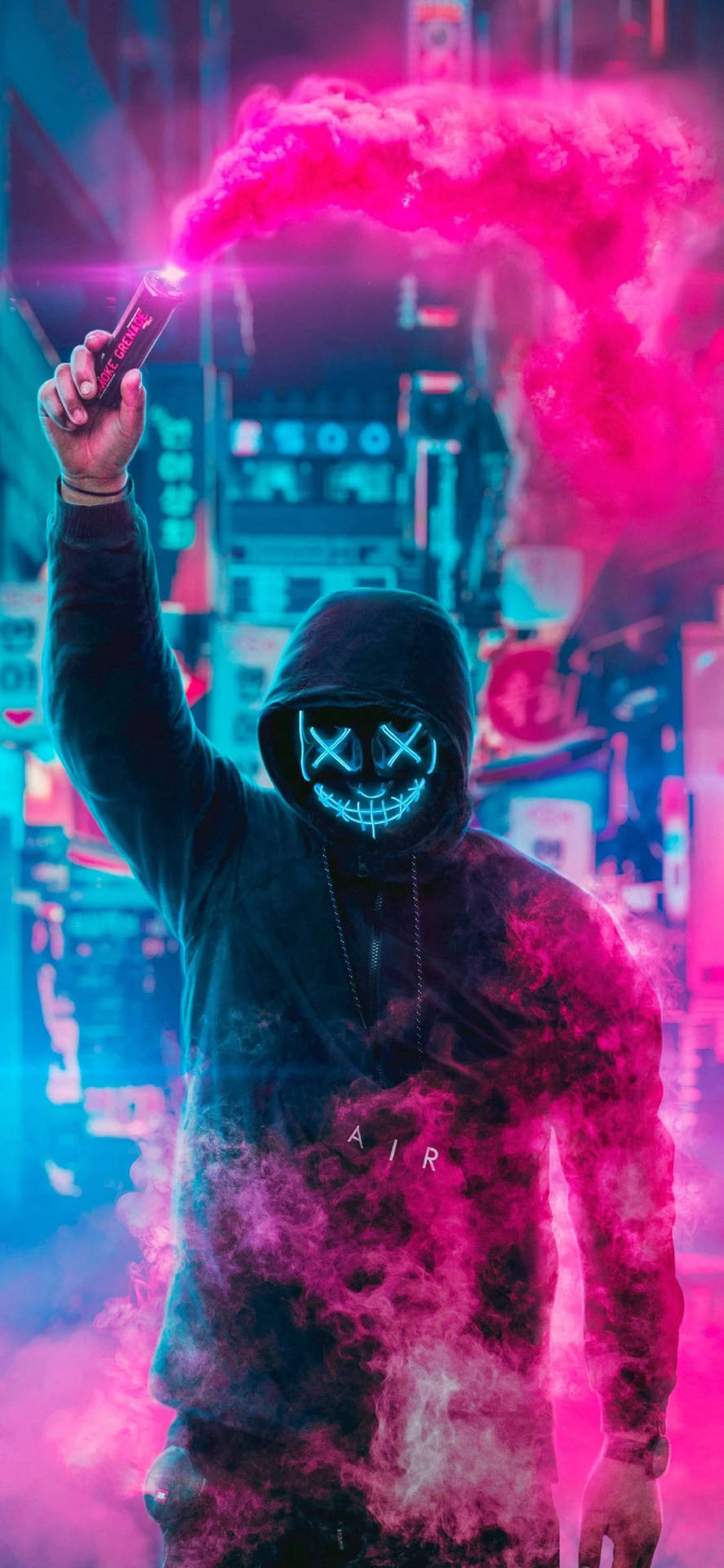 4k Neon Iphone Masked Man With Smoke Bottle Background