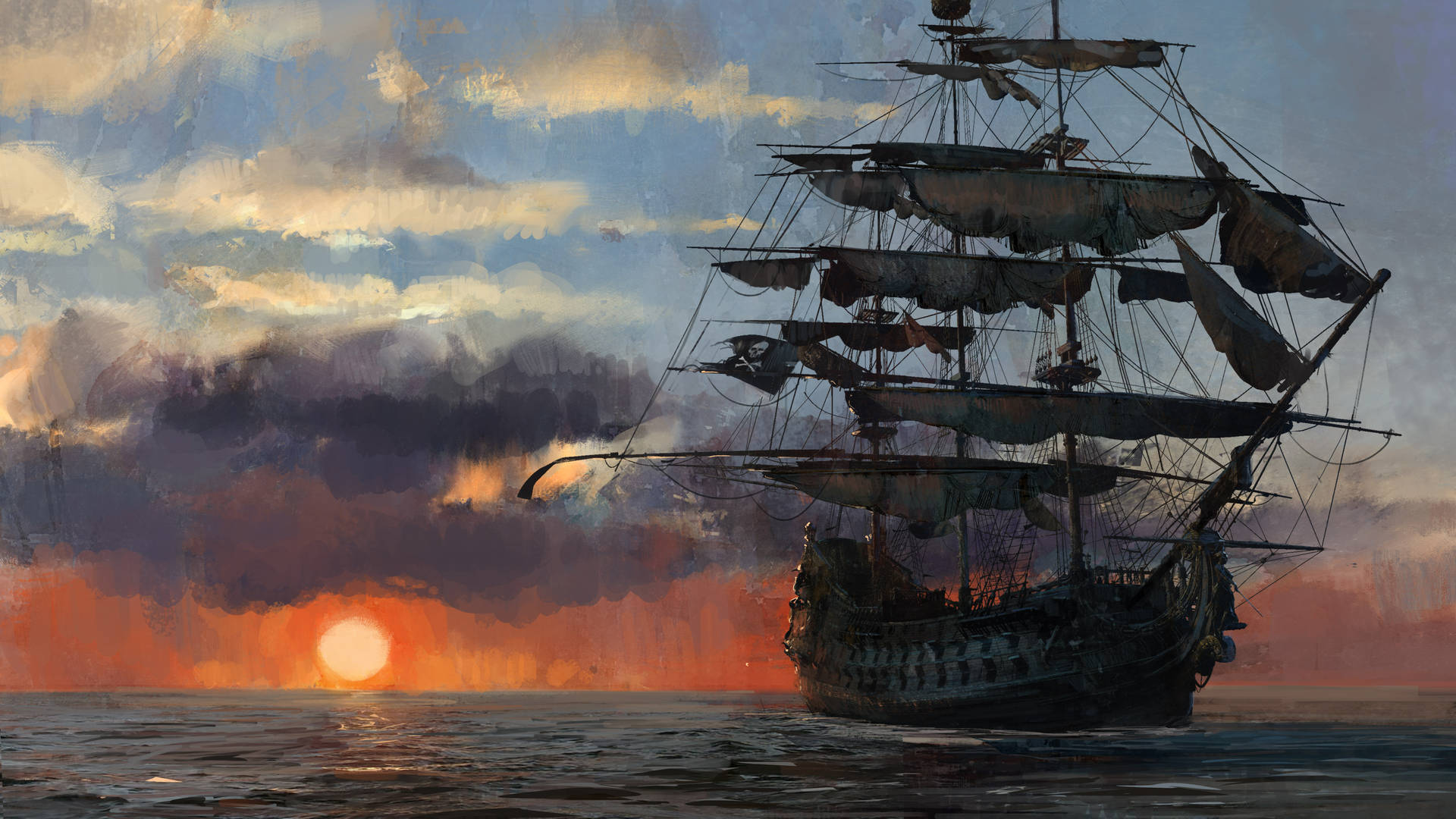 4k Pirate Ship Sailing During Sunset Background