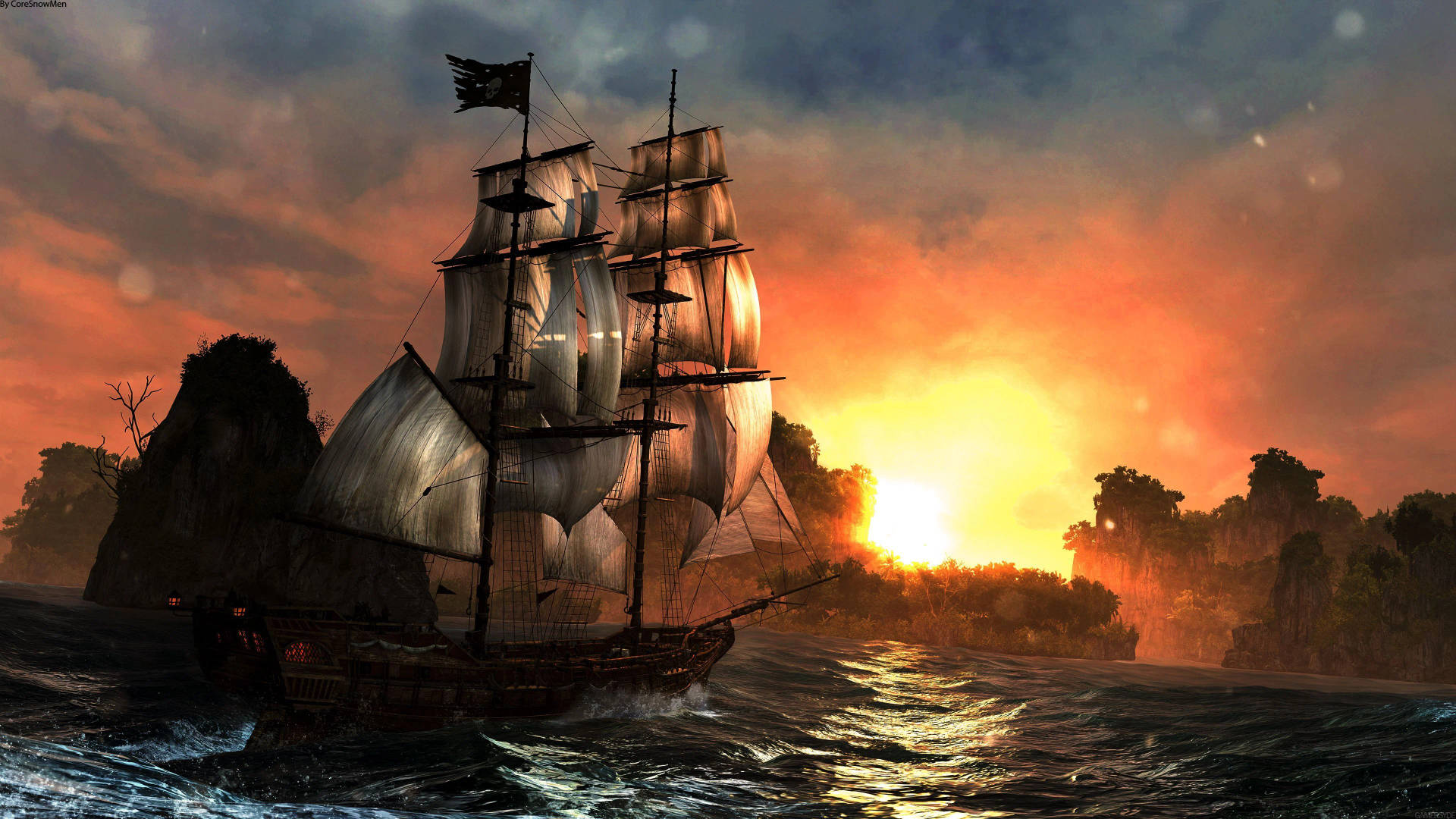 4k Pirate Ship Sunset Background