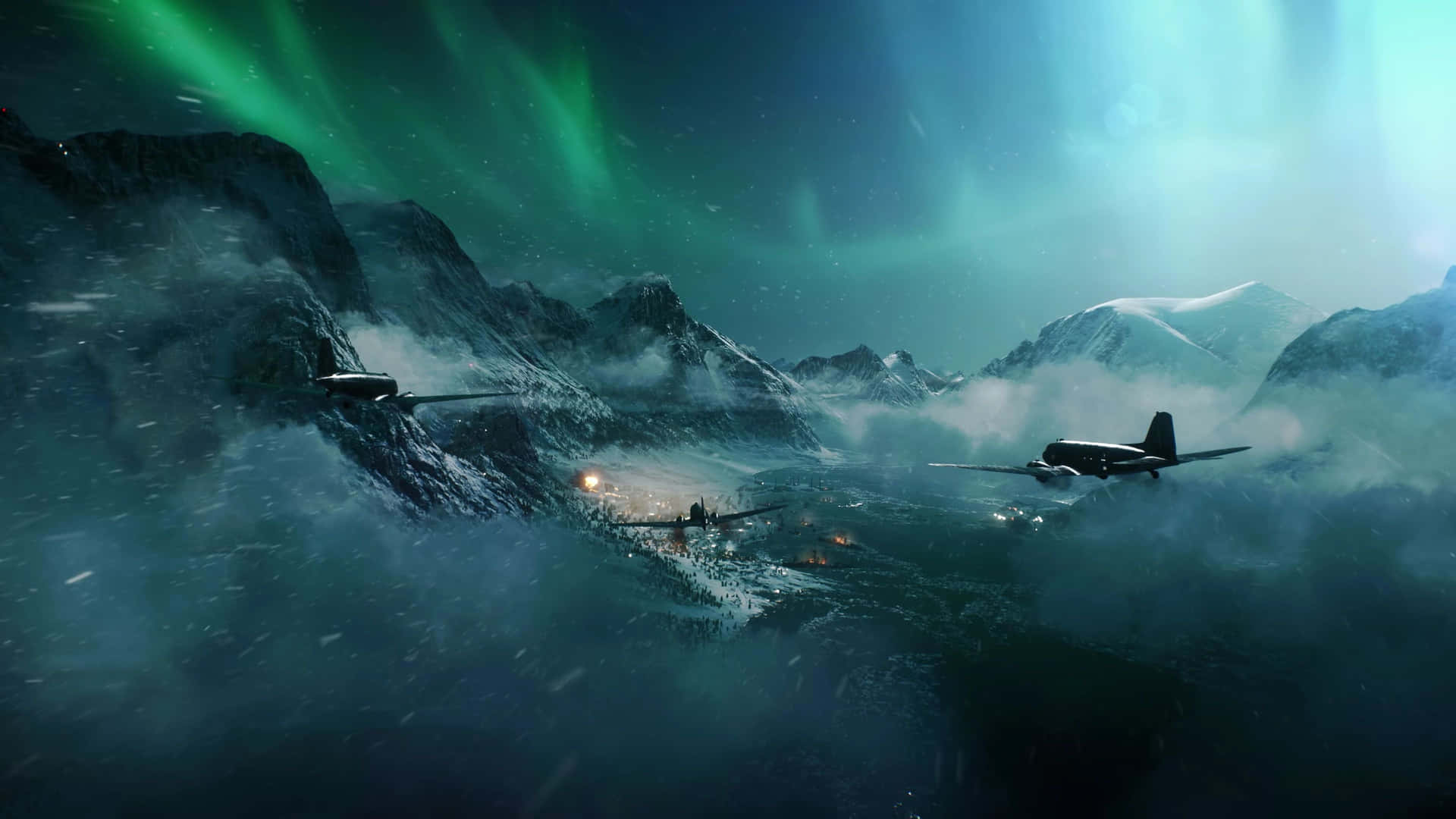 4k Planes Aurora Borealis Mountains Background