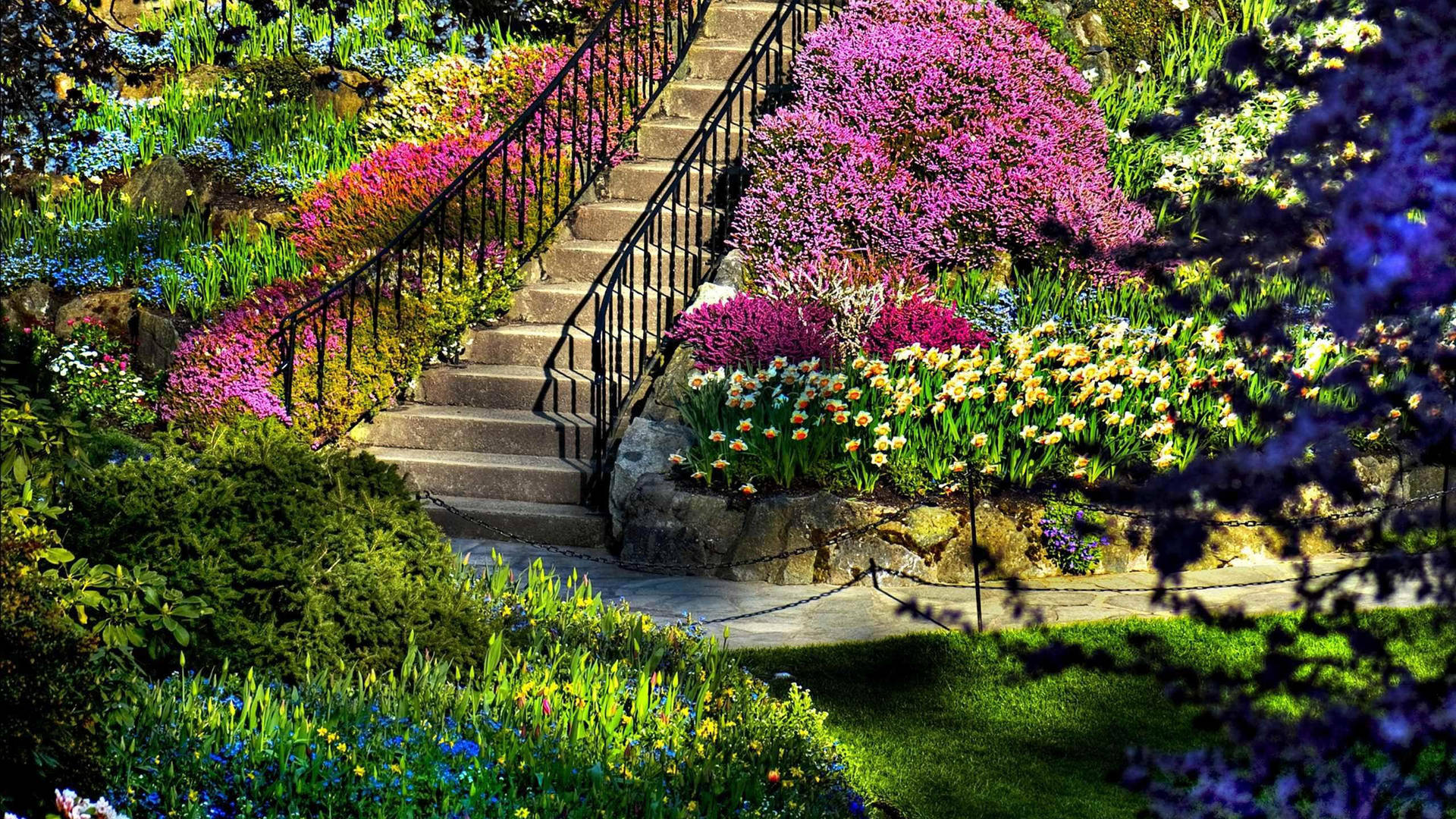 4k Spring Garden Stairs Background