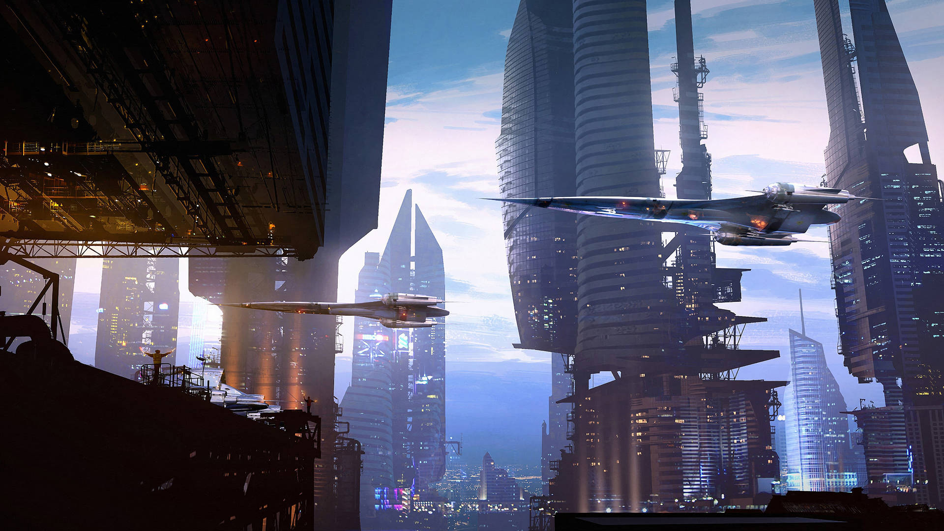 4k Ultra Hd City Futuristic Buildings And Aircrafts Background