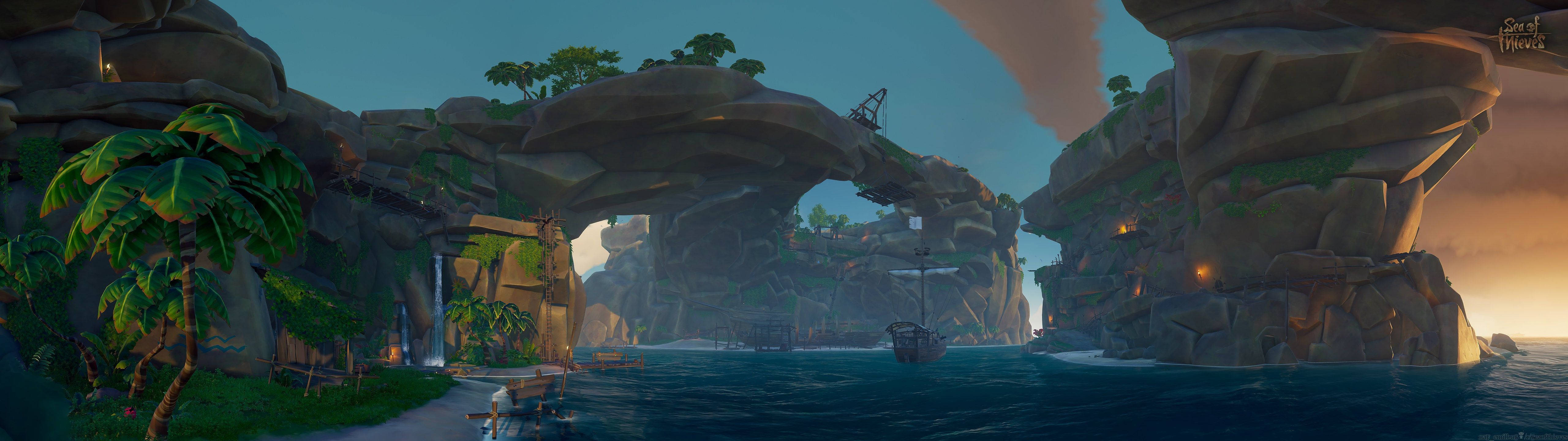 5120x1440 Game Sea Of Thieves Rock Formations Background