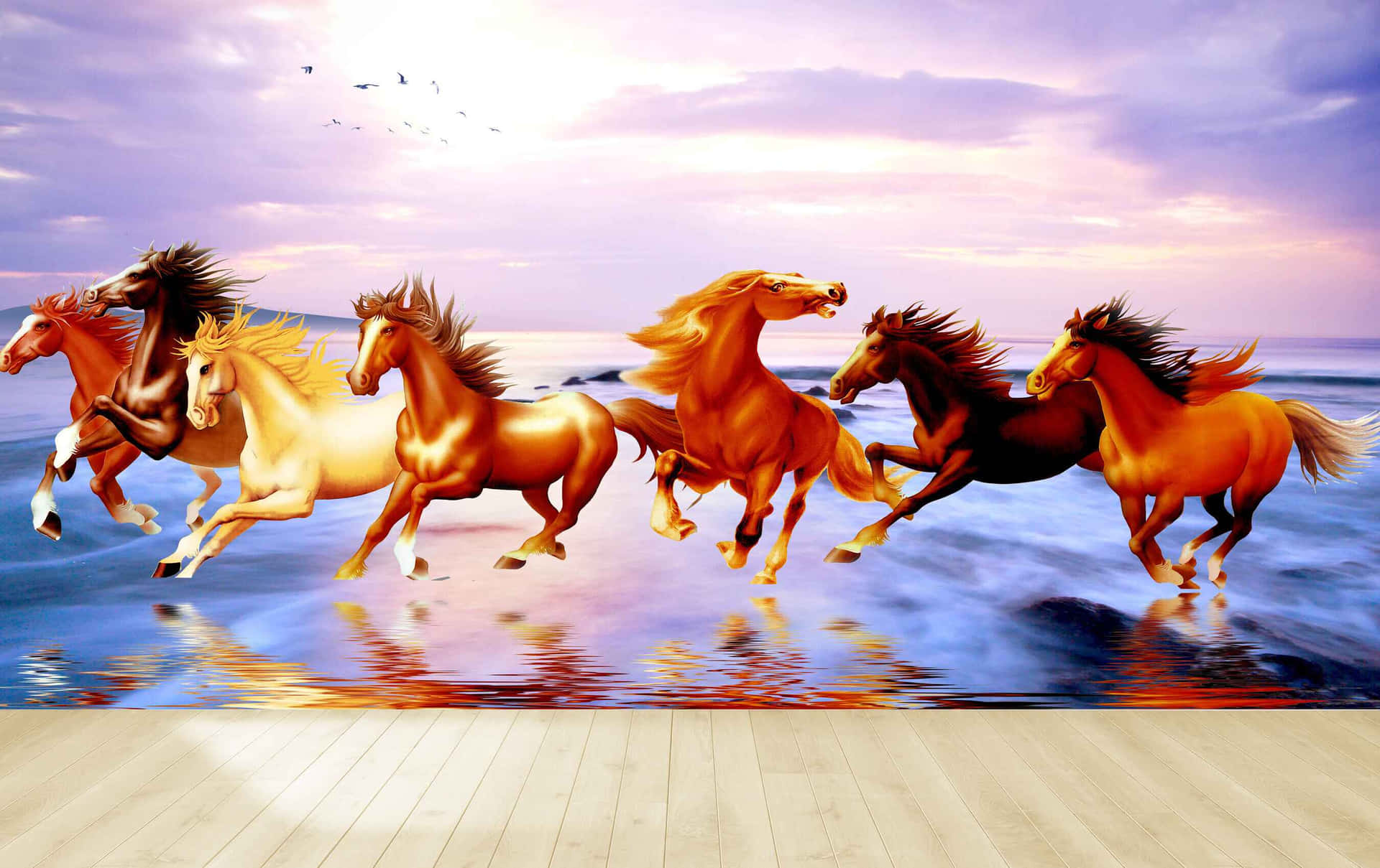 7 Brown Horses Against Clear Sky Background