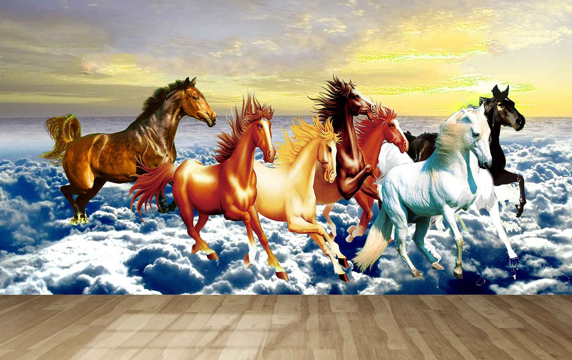 7 Horses Gallop Above The Clouds Background