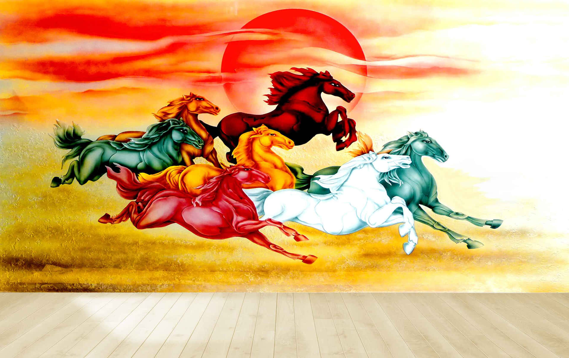 7 Horses Galloping Against Red Sun Background