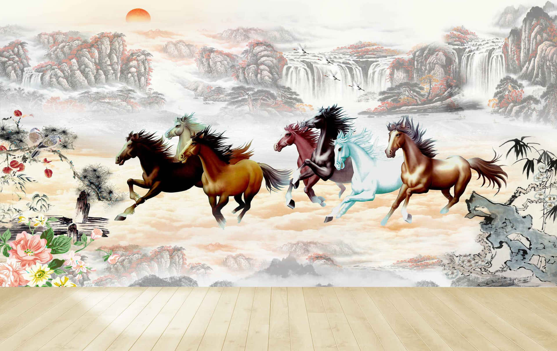 7 Horses Galloping Through Orange Mist Background