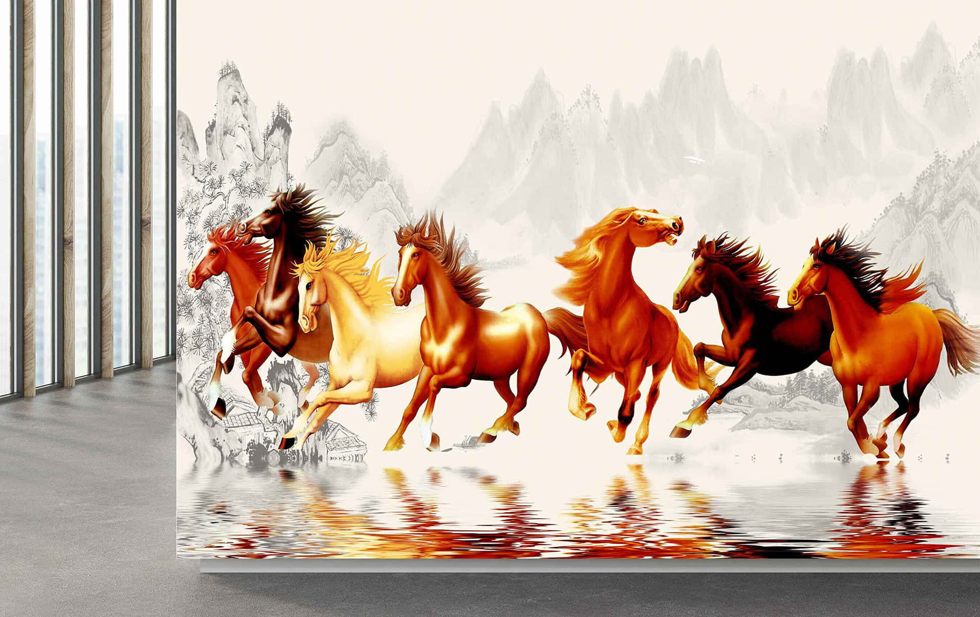 7 Horses Image On Grey Room Background