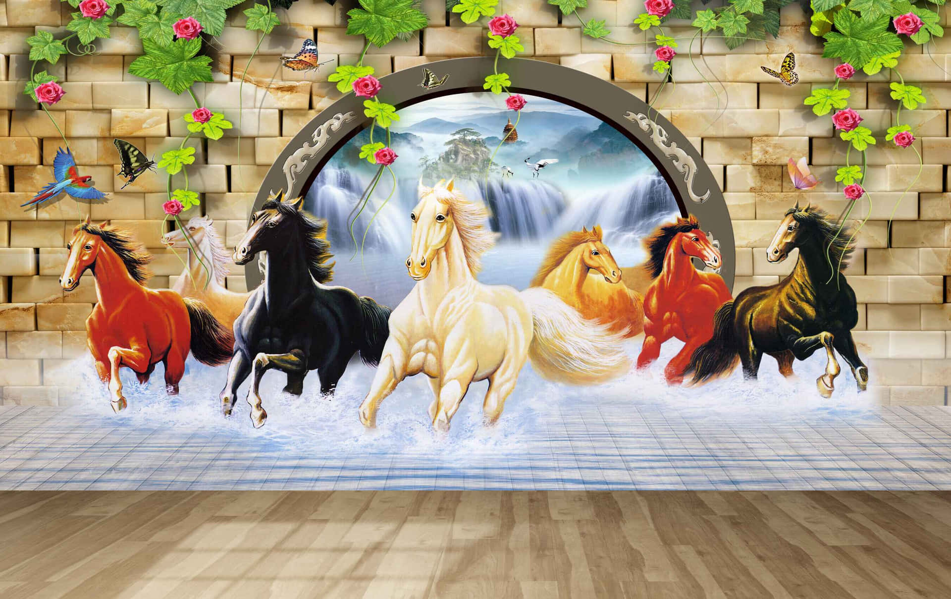 7 Horses Running Through Water Background