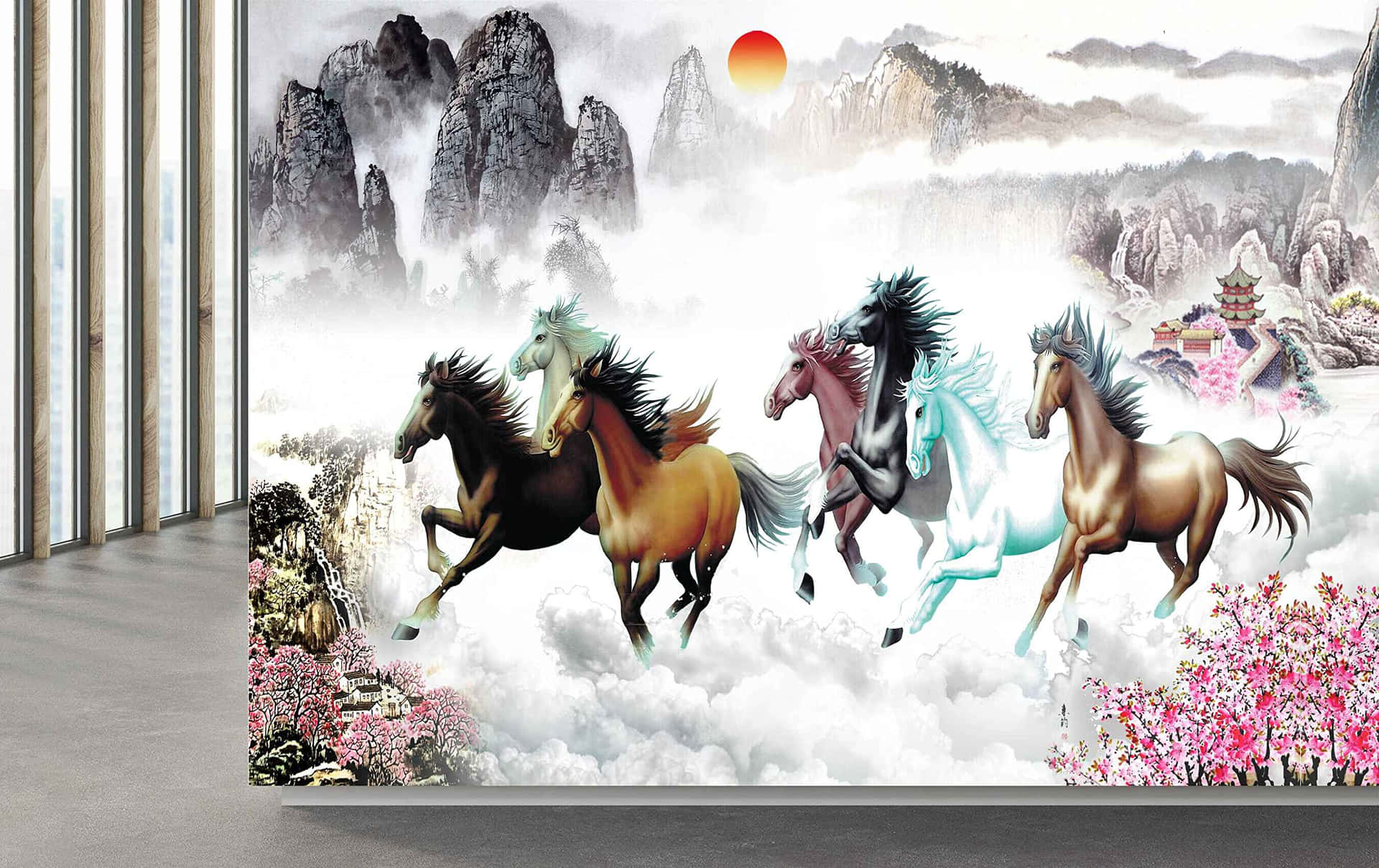 7 Horses Walking Through Eastern Scenery Background