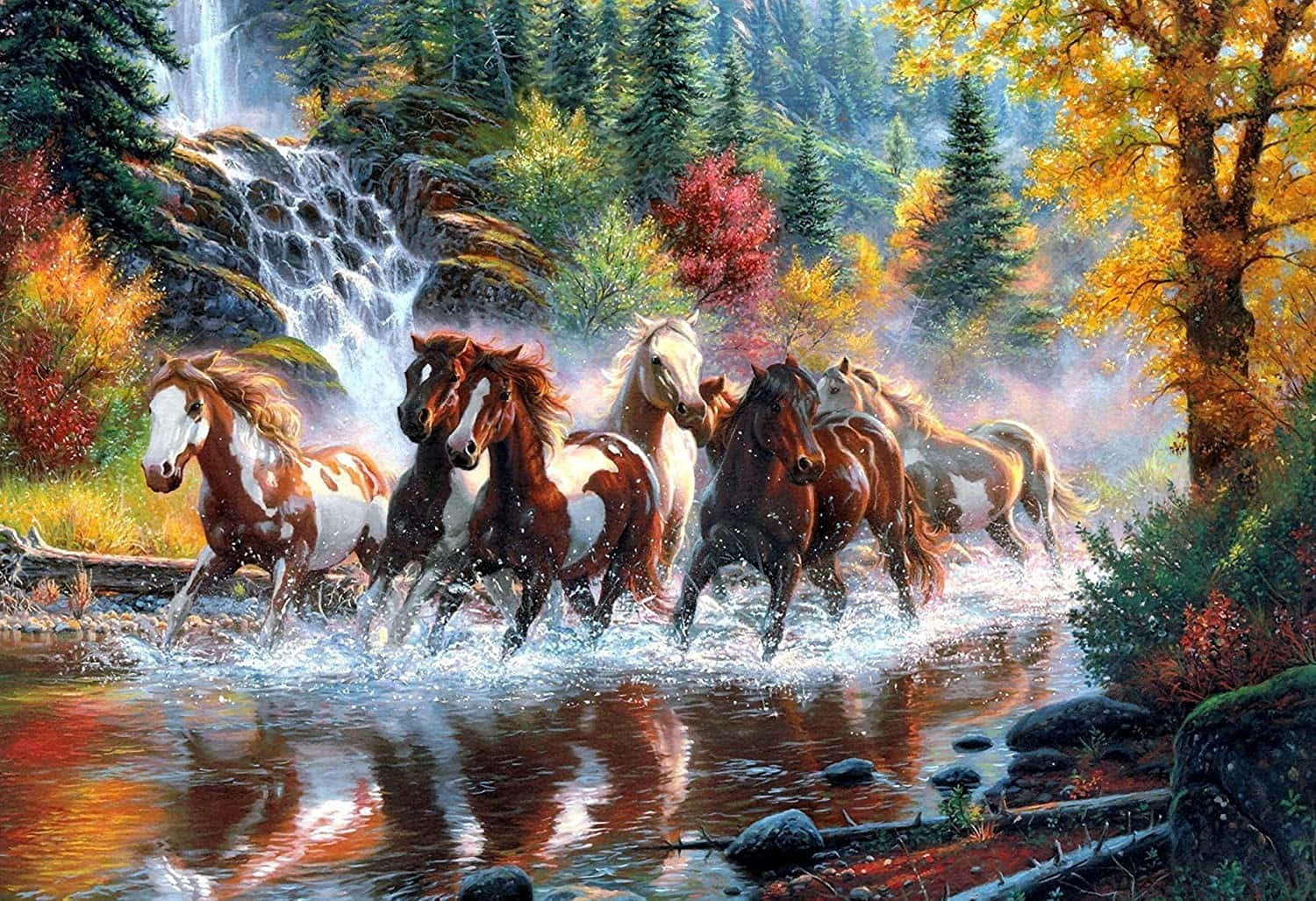 7 Horses Walking Through Forest River Background