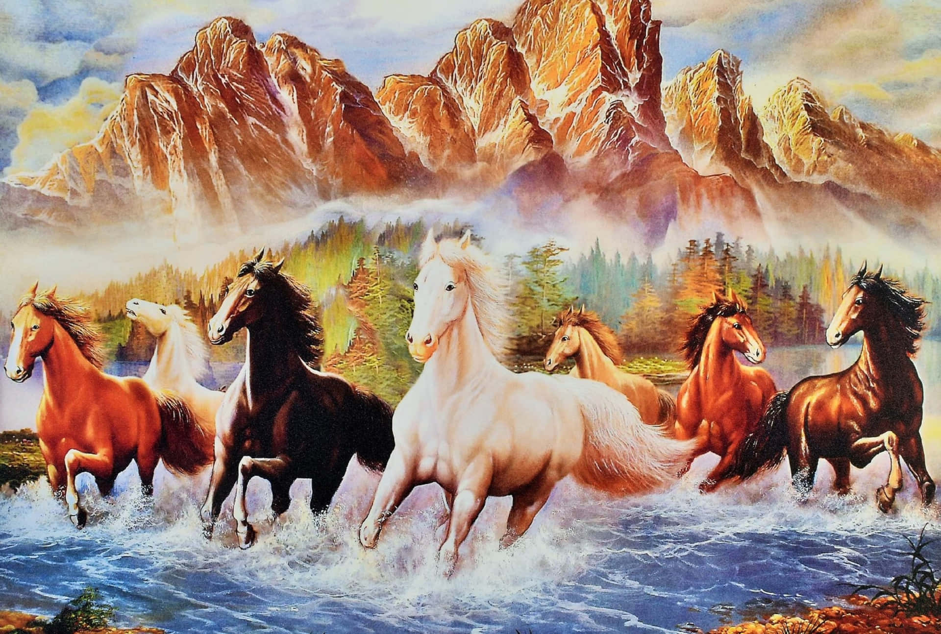 7 Horses Walking Through River Background