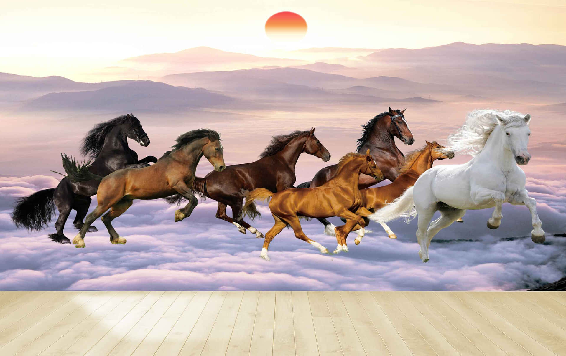 7 Horses Walking Through White Cloud Background