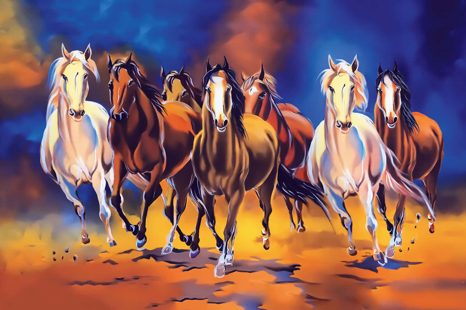 7 Horses With Blue Smoke Background