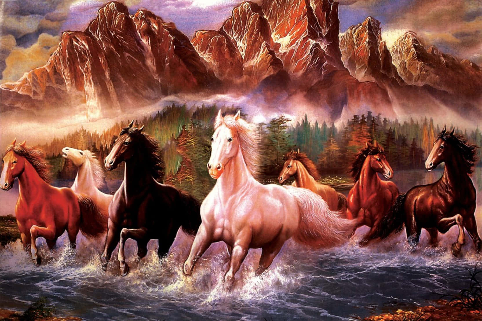 7 Horses With Mountain And Pine Trees Background