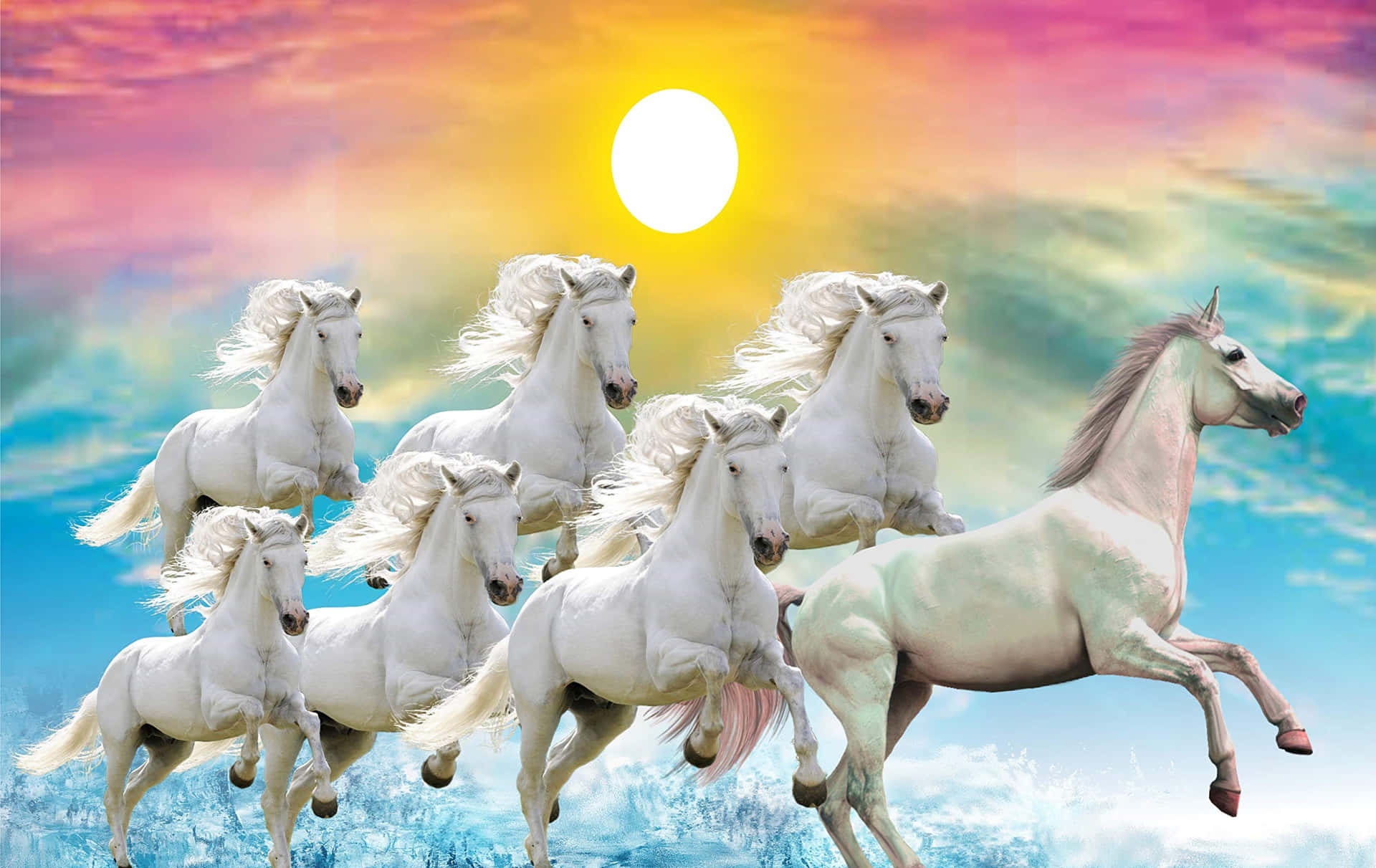 7 White Horses Colorful Sky Background