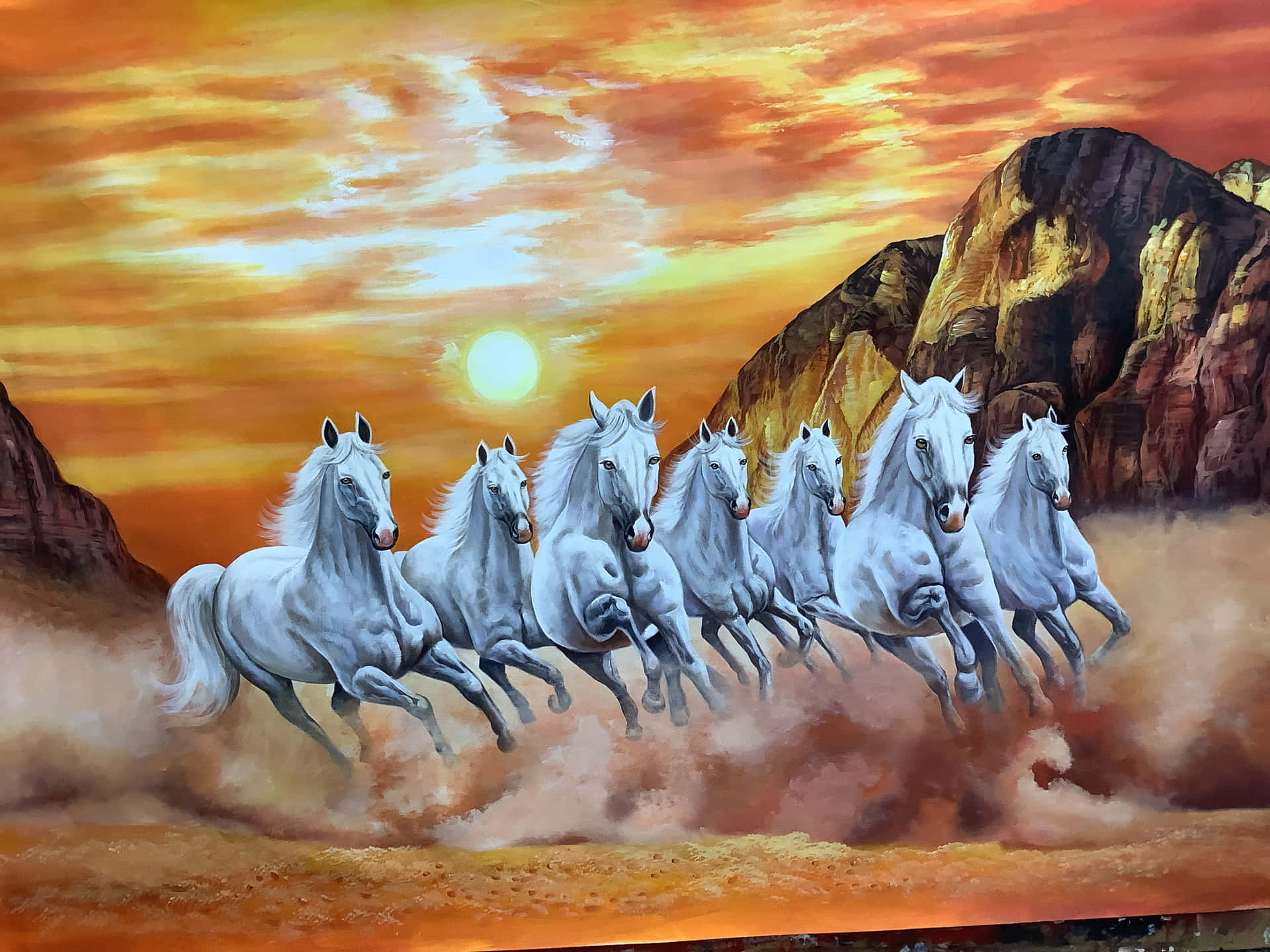 7 White Horses Running Through Mountain Background