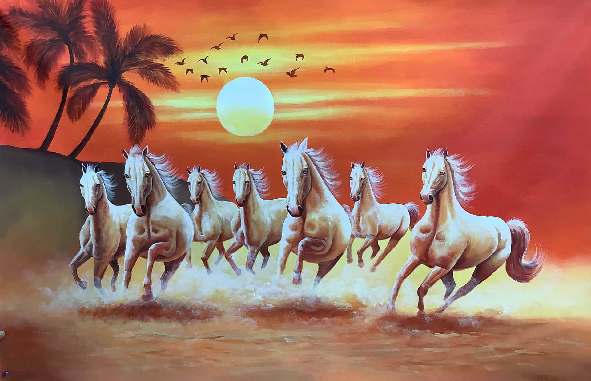 7 White Horses Through The Sand Background