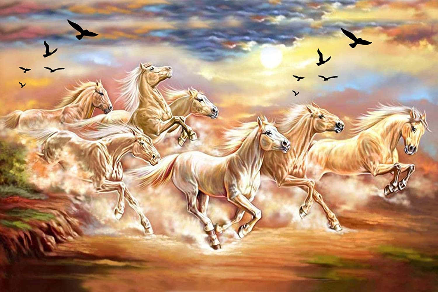 7 White Horses With Black Birds Background