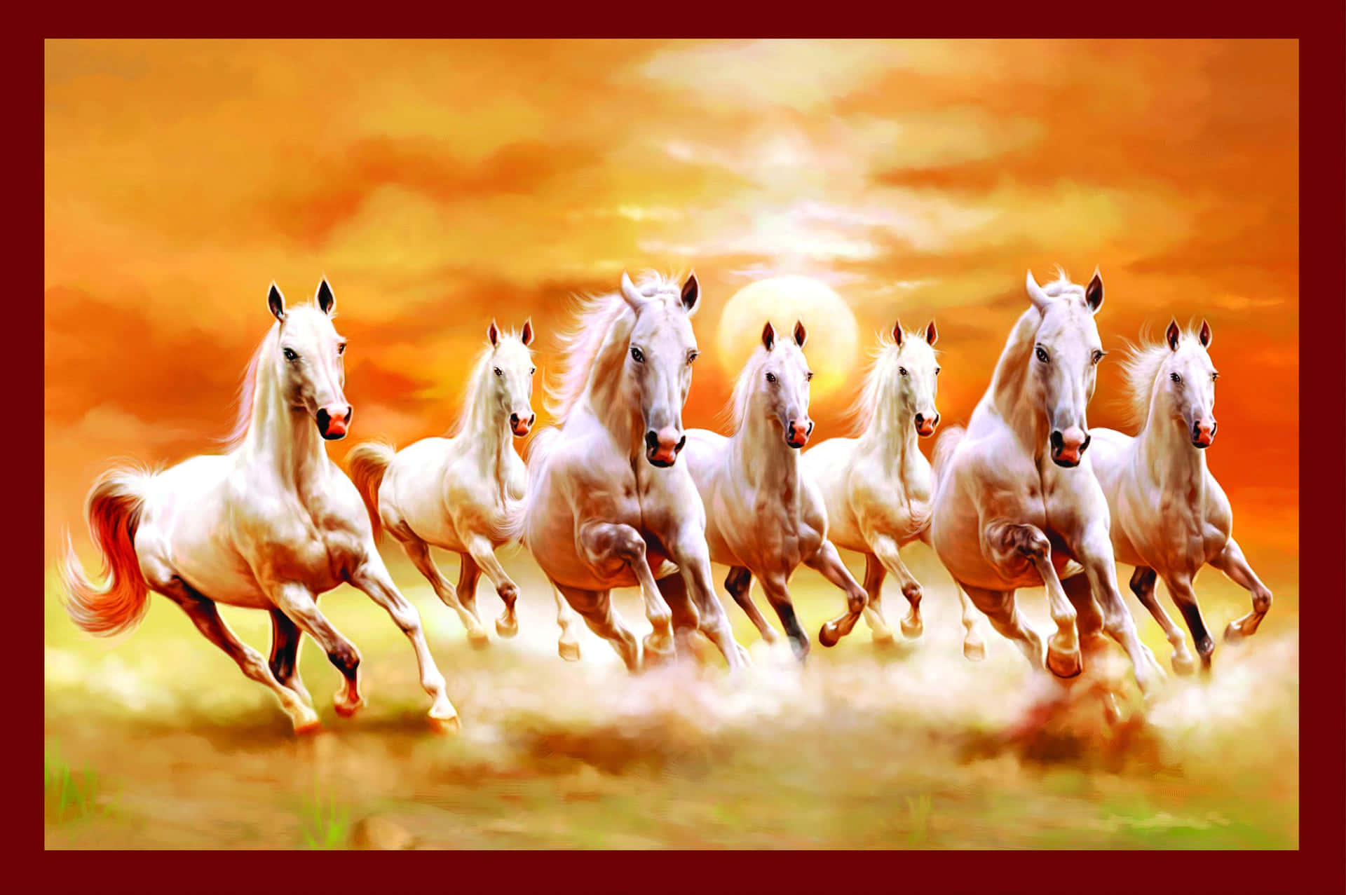 7 White Horses With Red Border Background