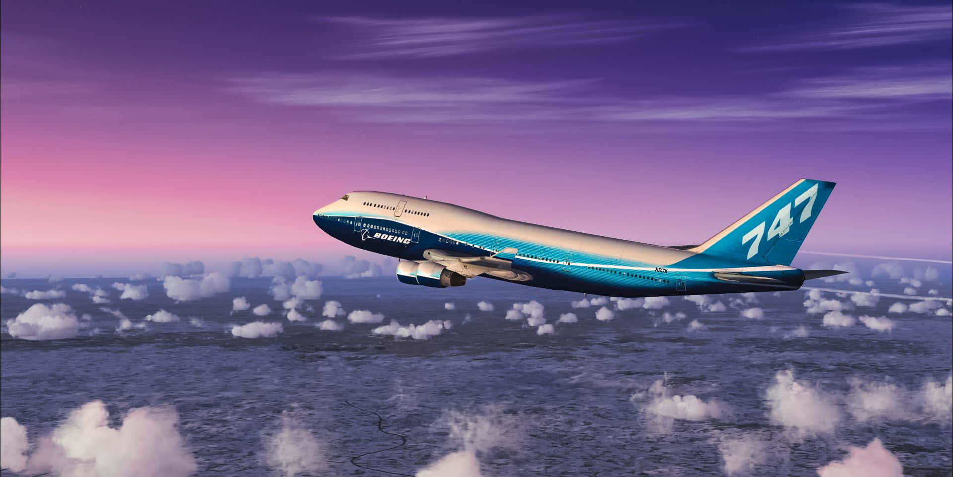 747 Airplane Over Skies Background