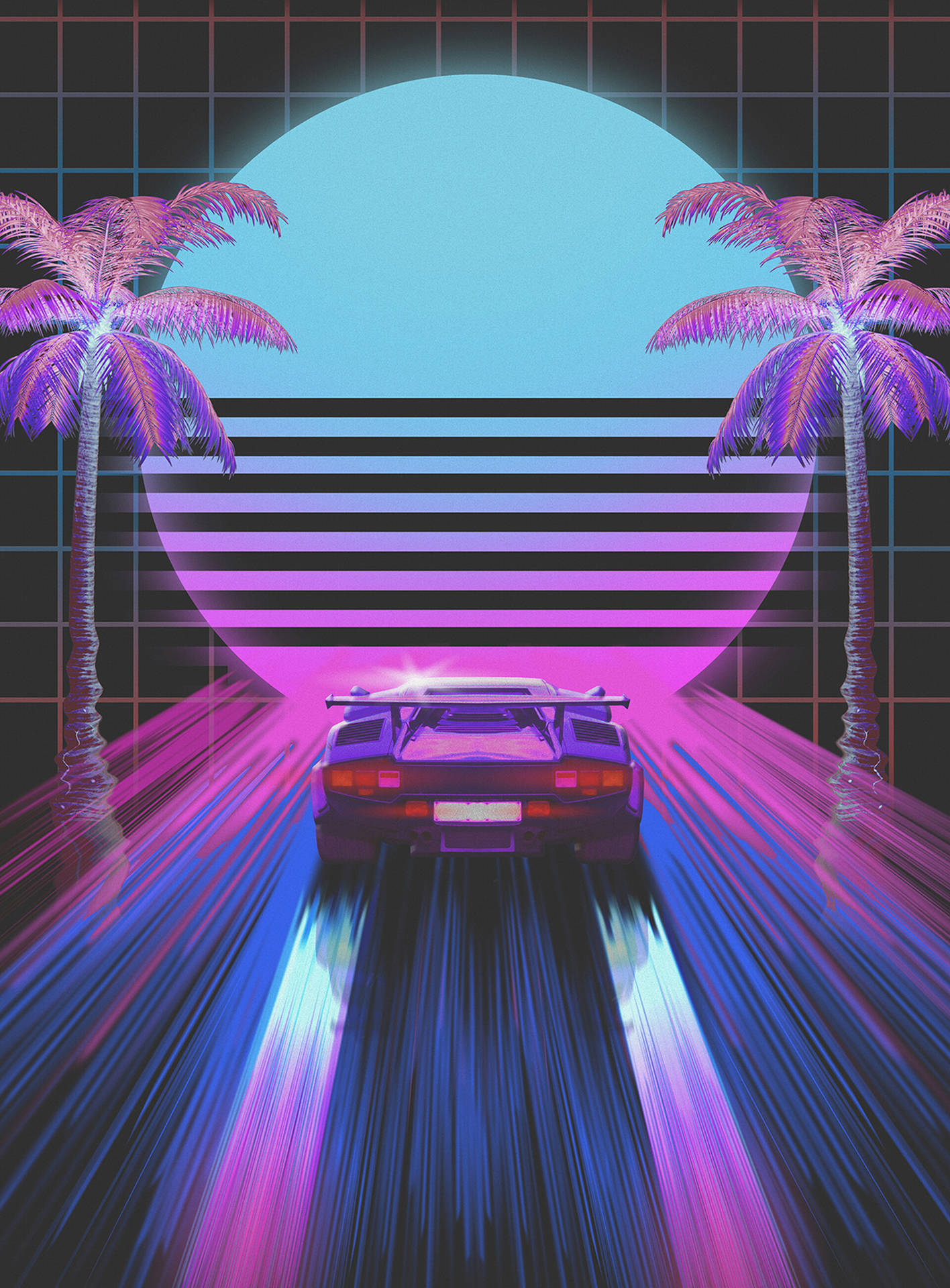 80s Style Car And Tropical Palm Background