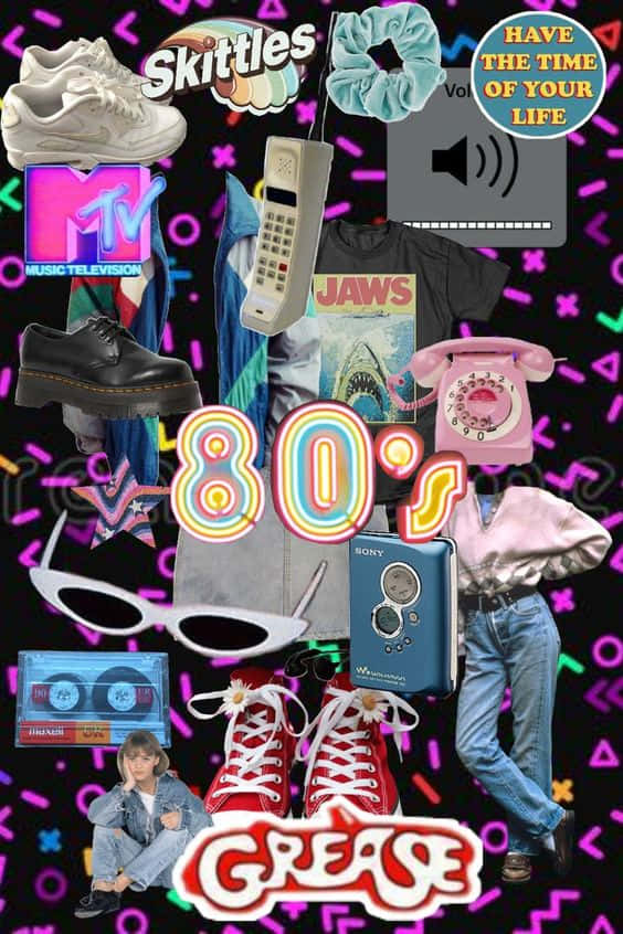 80s Tv Show Poster With A Phone, Shoes, And Other Items Background