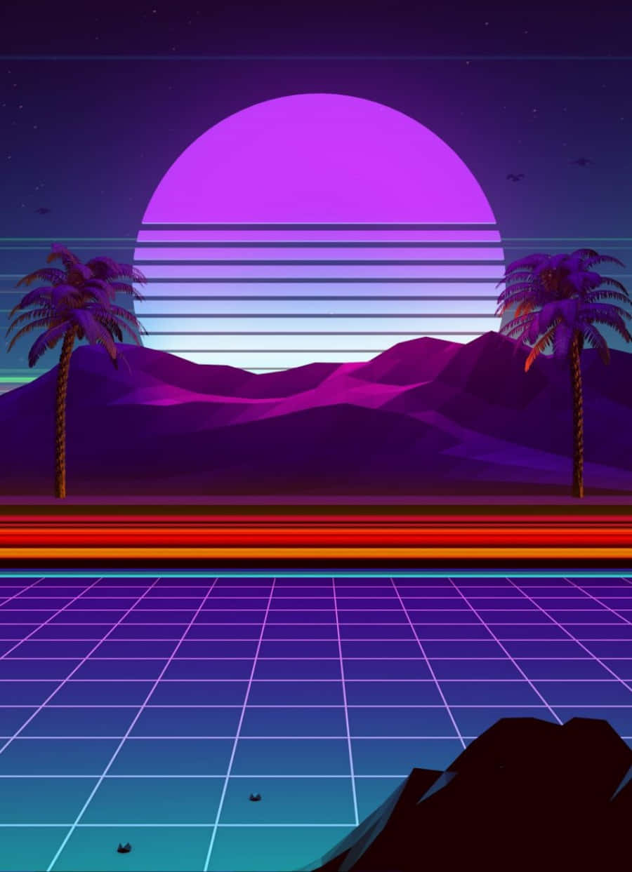 80s Vaporwave Palm Trees And A Mountain Background