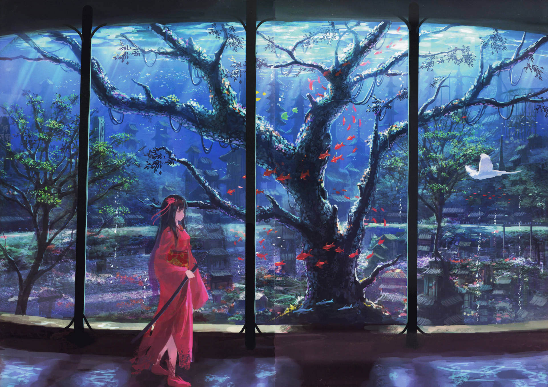 8k Anime Kimono And Aquarium