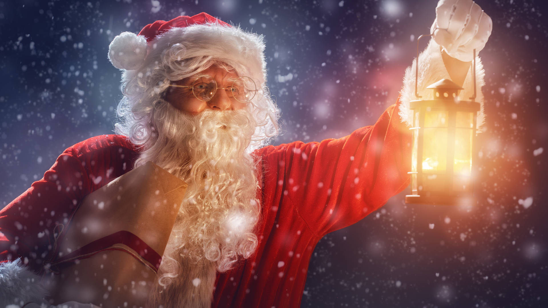 8k Christmas Santa Claus With Lantern Background