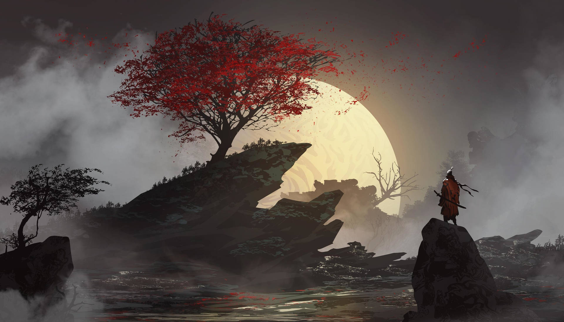 8k Samurai And Full Moon Art Background