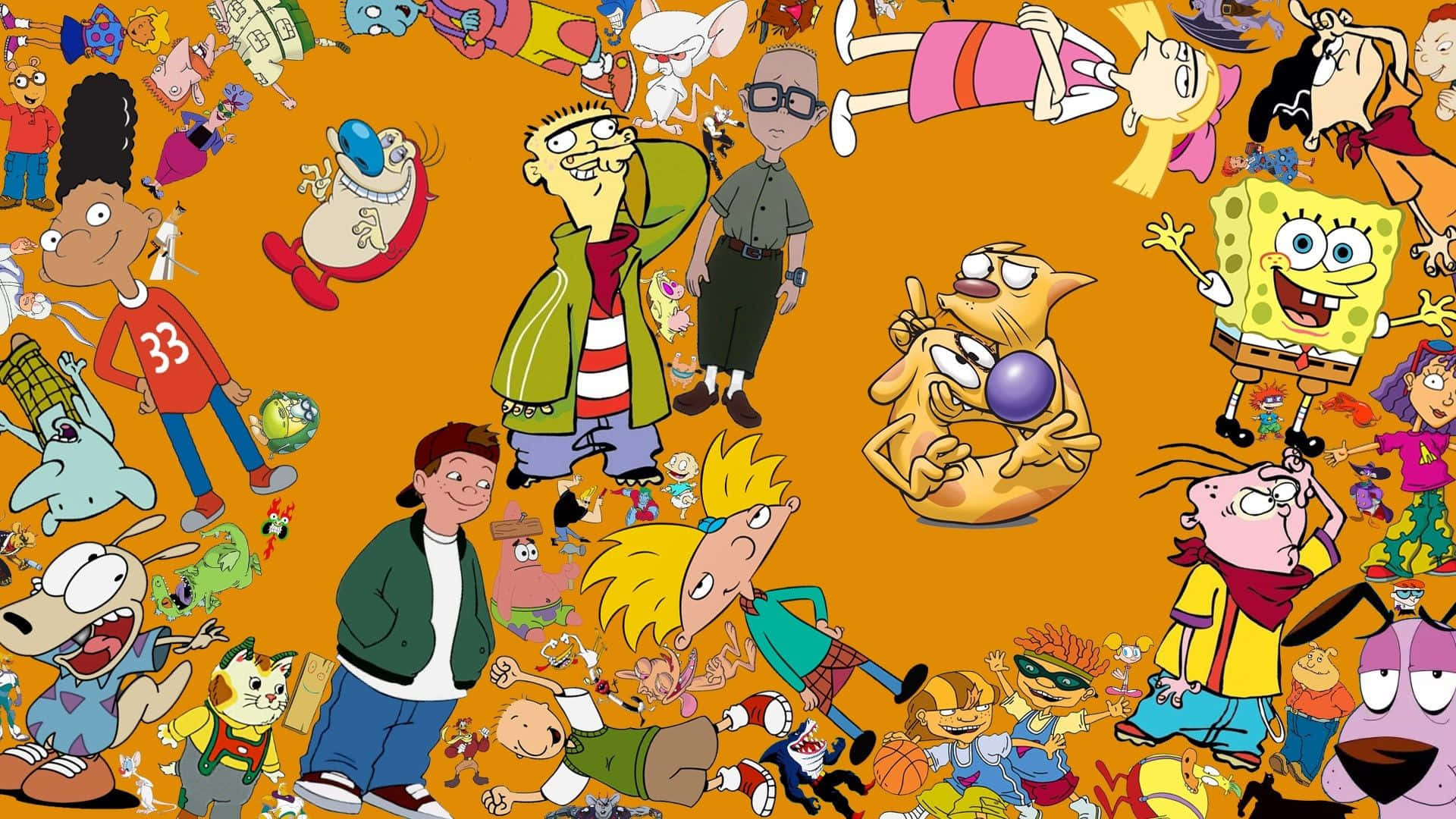 90s Style Cartoon Characters Orange Canvas Background