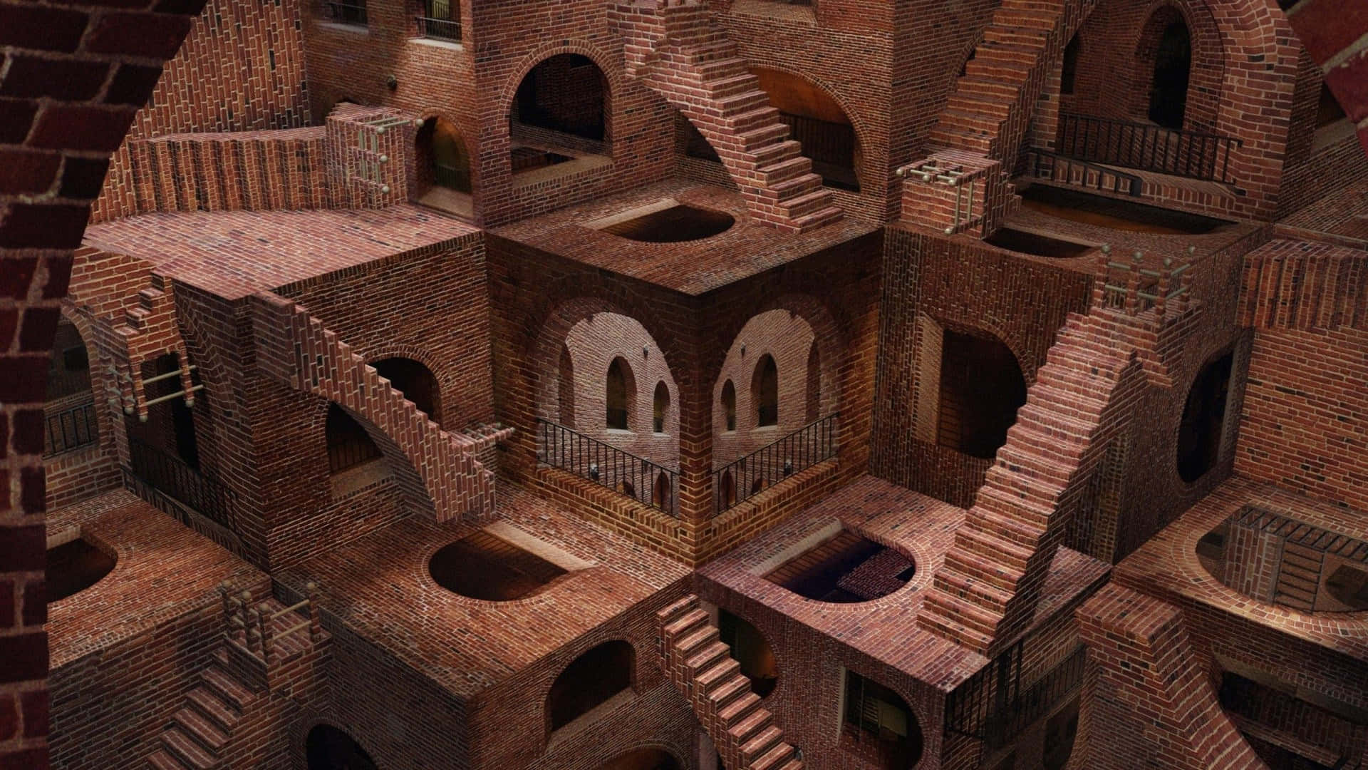 A 3d Image Of A Brick Building With Stairs Background