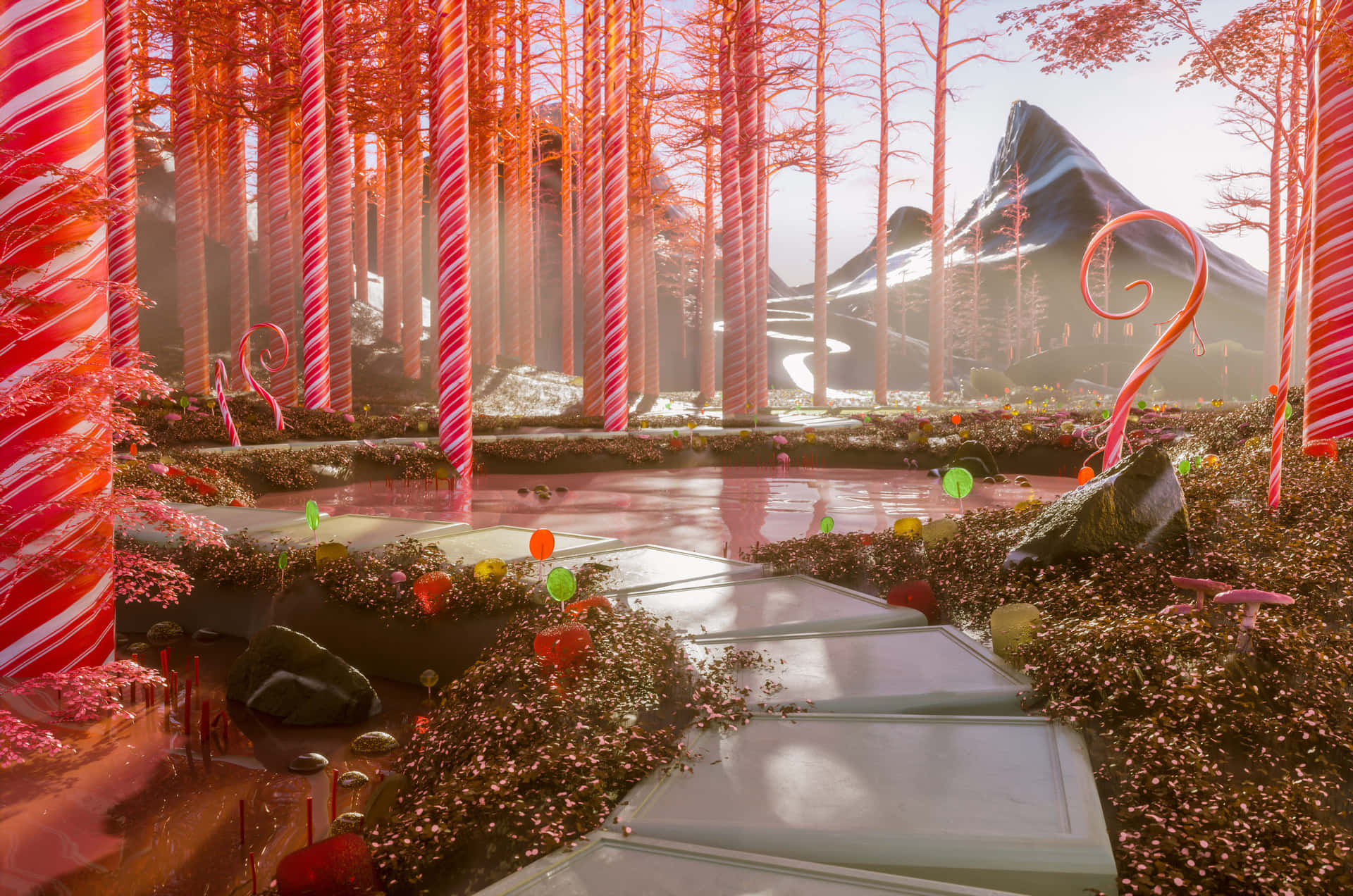 A 3d Image Of A Candy Cane Forest Background