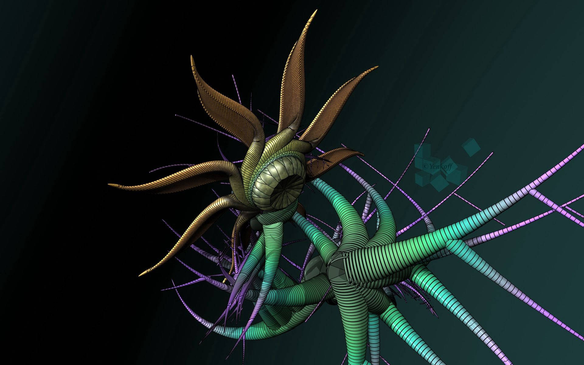 A 3d Model Of A Green And Purple Alien Creature Background
