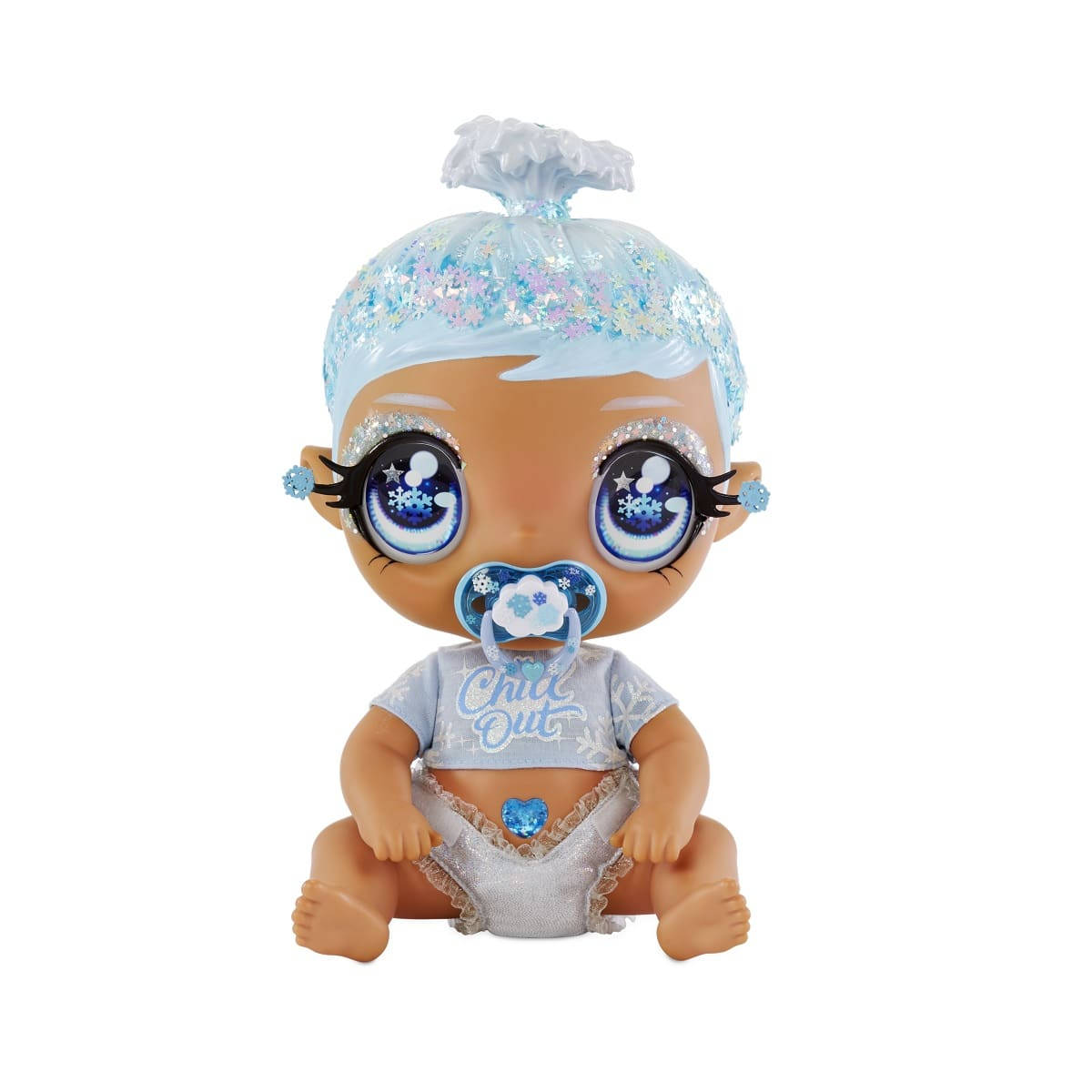 A Baby Doll With A Pacifier And Blue Hair Background