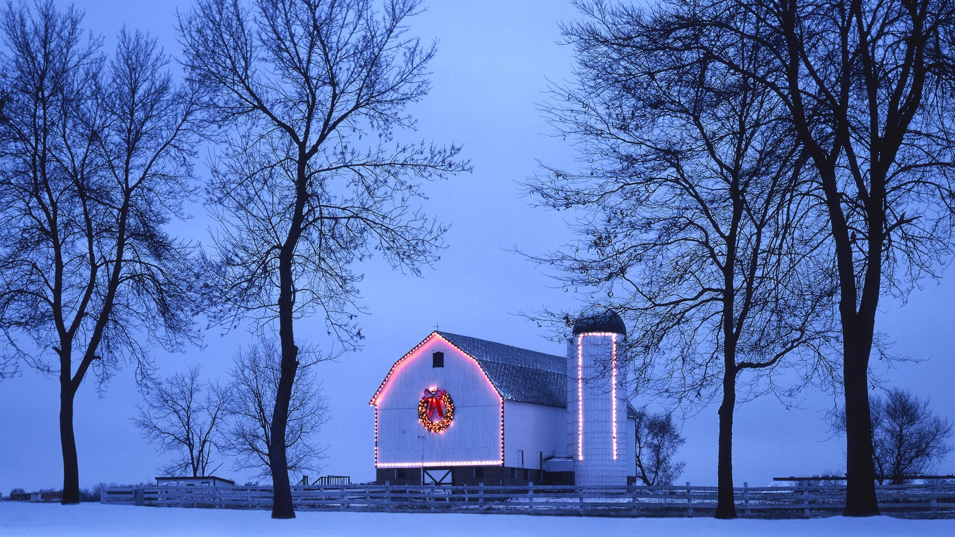 A Barn With A Christmas Tree In The Snow Background