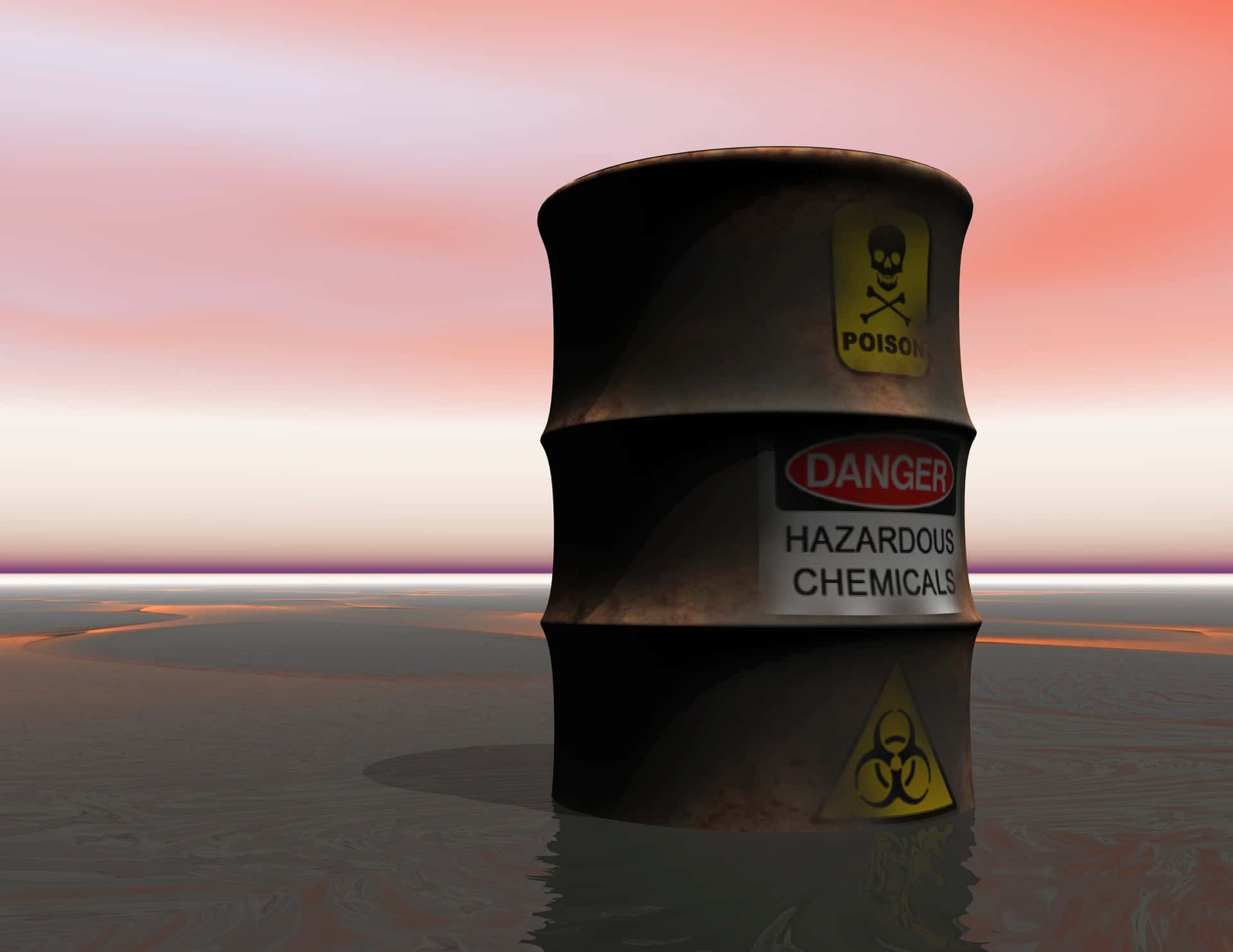 A Barrel With A Warning Sign In The Water Background