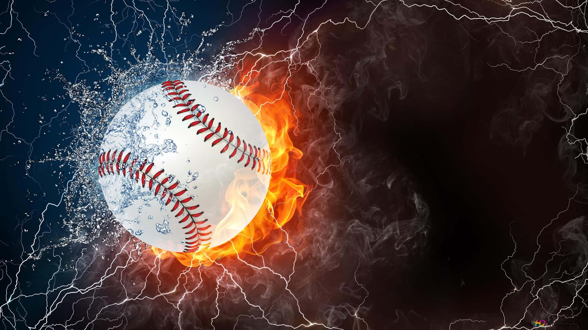 A Baseball Is In The Fire With Lightning Background