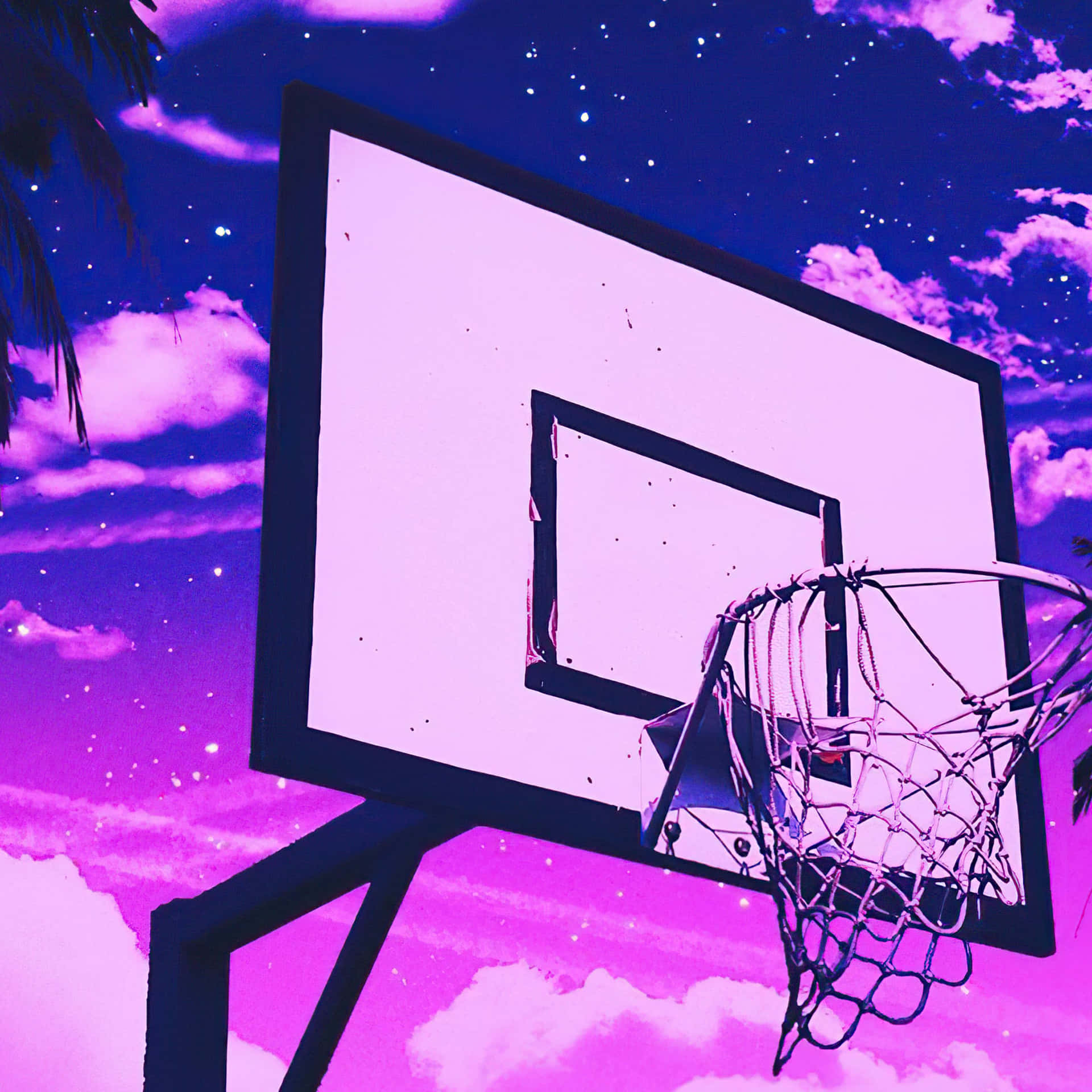 A Basketball Hoop With A Purple Sky Background