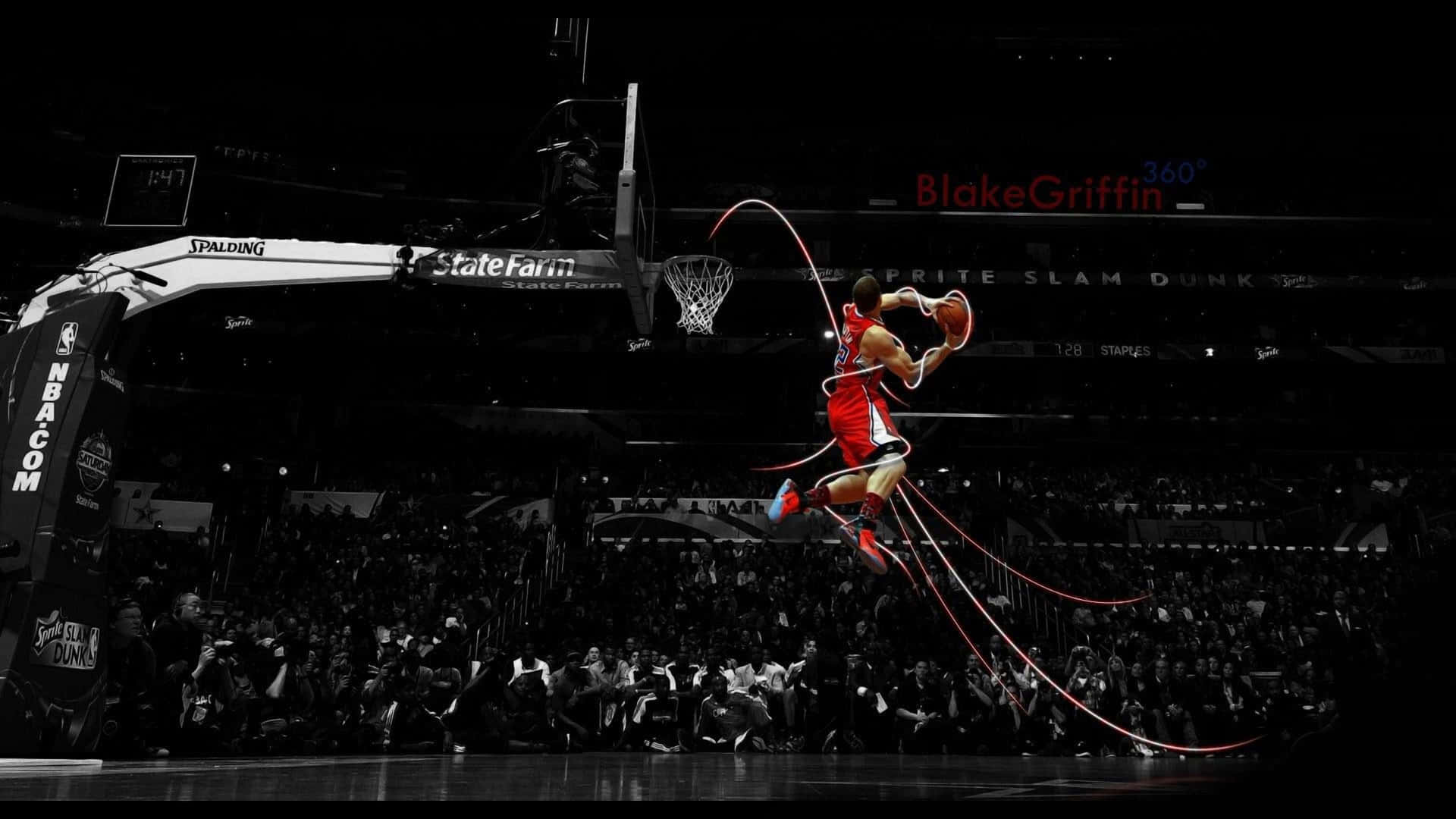 A Basketball Player Is Dunking The Ball In The Air Background