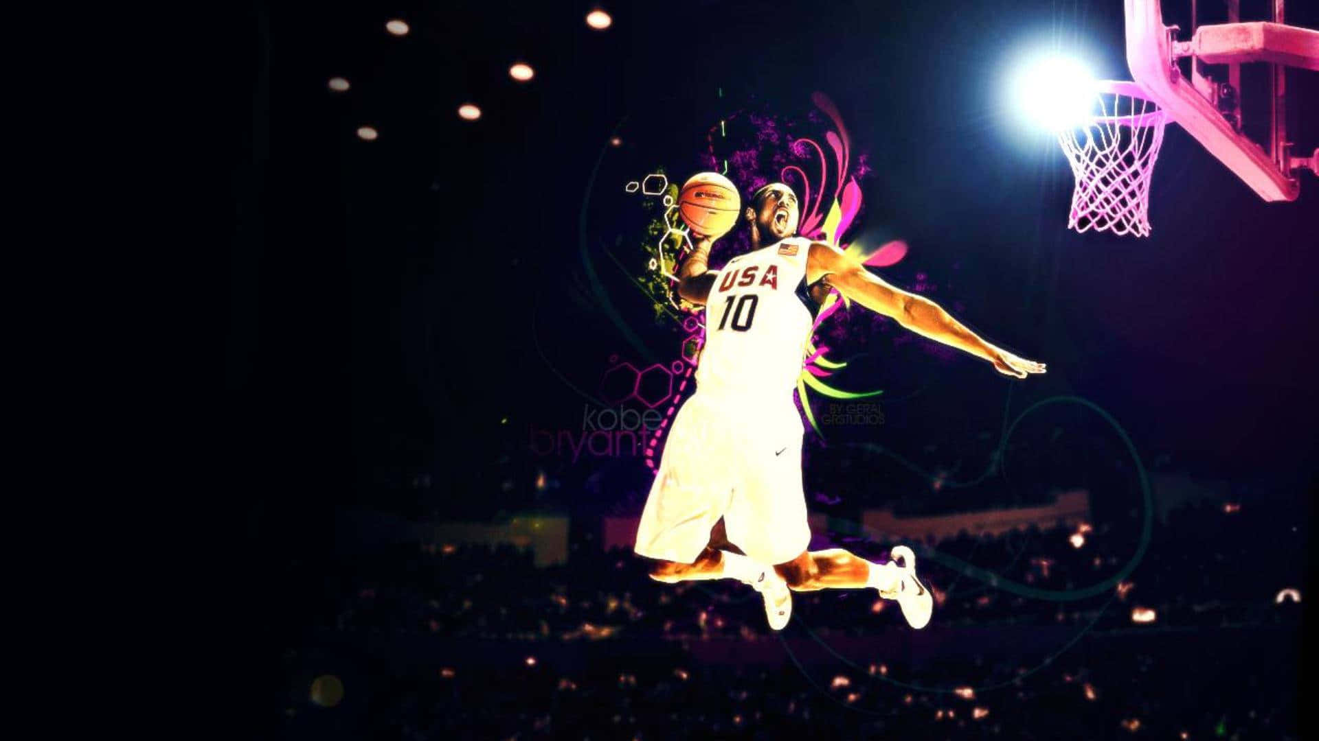 A Basketball Player Is In The Air Background