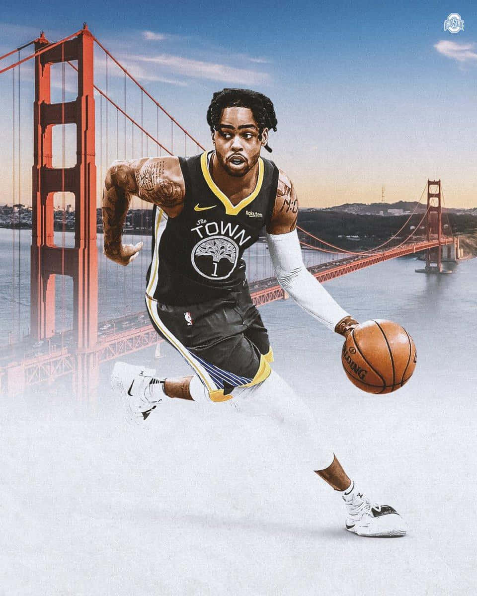 A Basketball Player Is Running In Front Of The Golden Gate Bridge Background